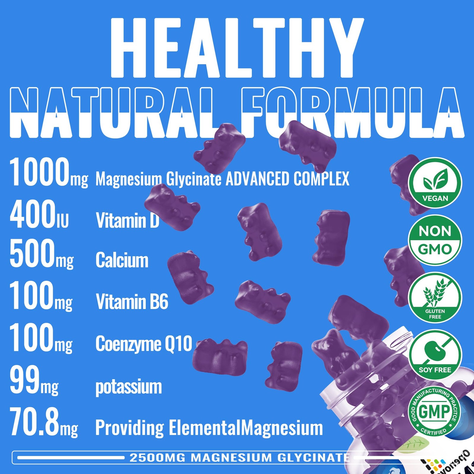 Magnesium Glycinate Gummies 2500mg – Sugar 90 Count (Pack of 1), Blueberry