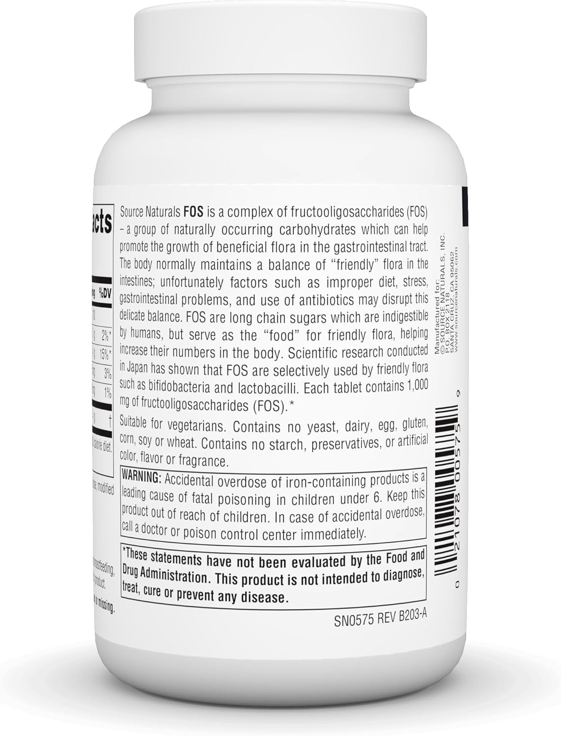 Source Naturals FOS 1000 mg Fructooligosaccharides Probiotic Enhancer 100 Tabs