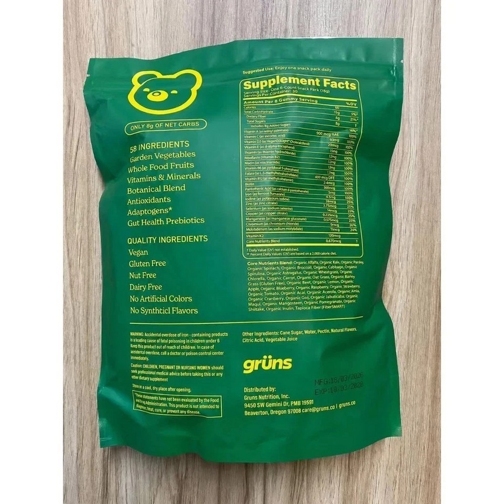 Gruns Adults Superfood Greens Gummies 28 Pack Daily Super Greens Supplement