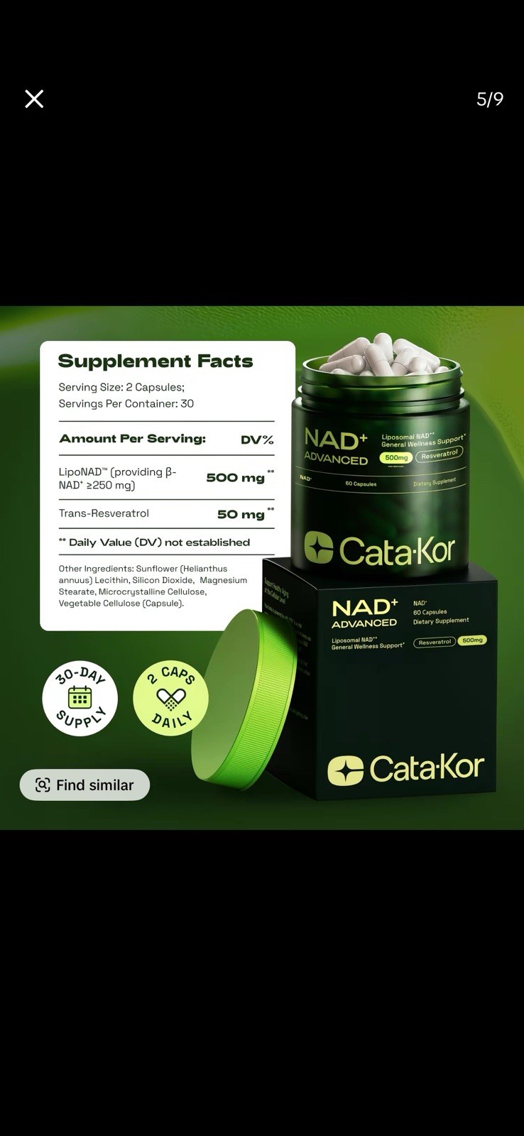 1 – 3 Pack Cata-Kor Liposomal NAD+ Advanced 500mg Healthy Aging 60 Caps