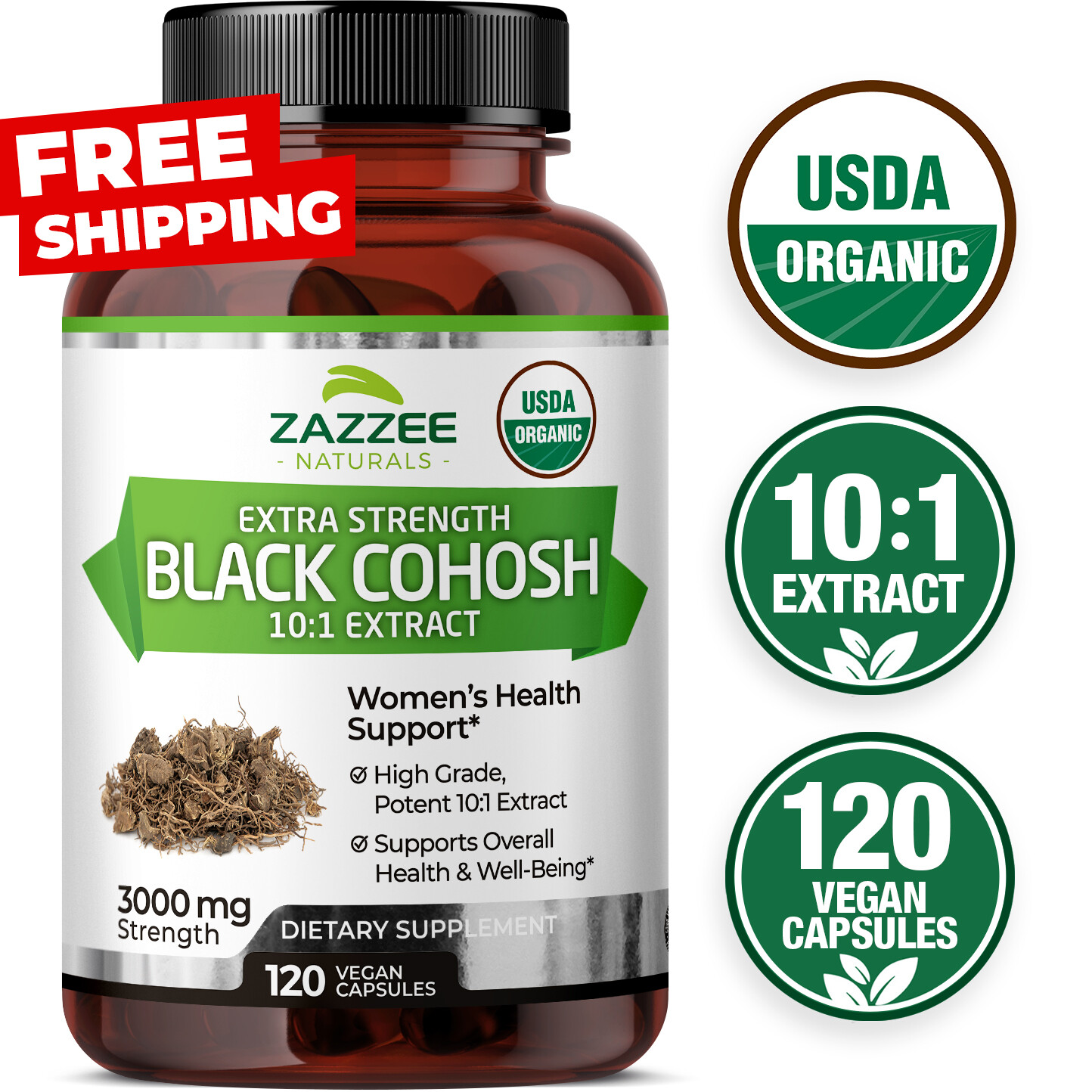 USDA Organic Black Cohosh 10:1 Extract, 3000 mg Strength, 120 Vegan Capsules