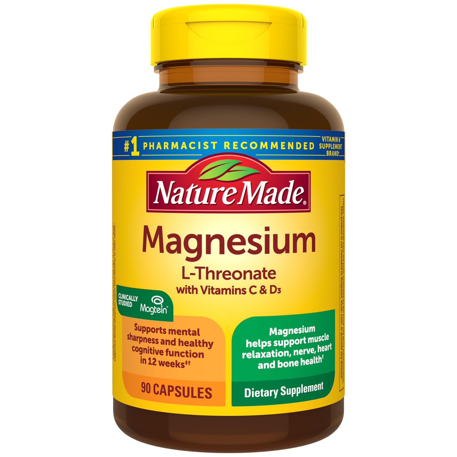 Nature Made Magnesium L-Threonate with Vitamin C 90 Count (Pack of 1), White