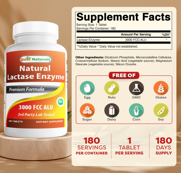 US STOCK Best Naturals Lactase Enzyme 3000 FCC Dairy Digestive 180 Tablets