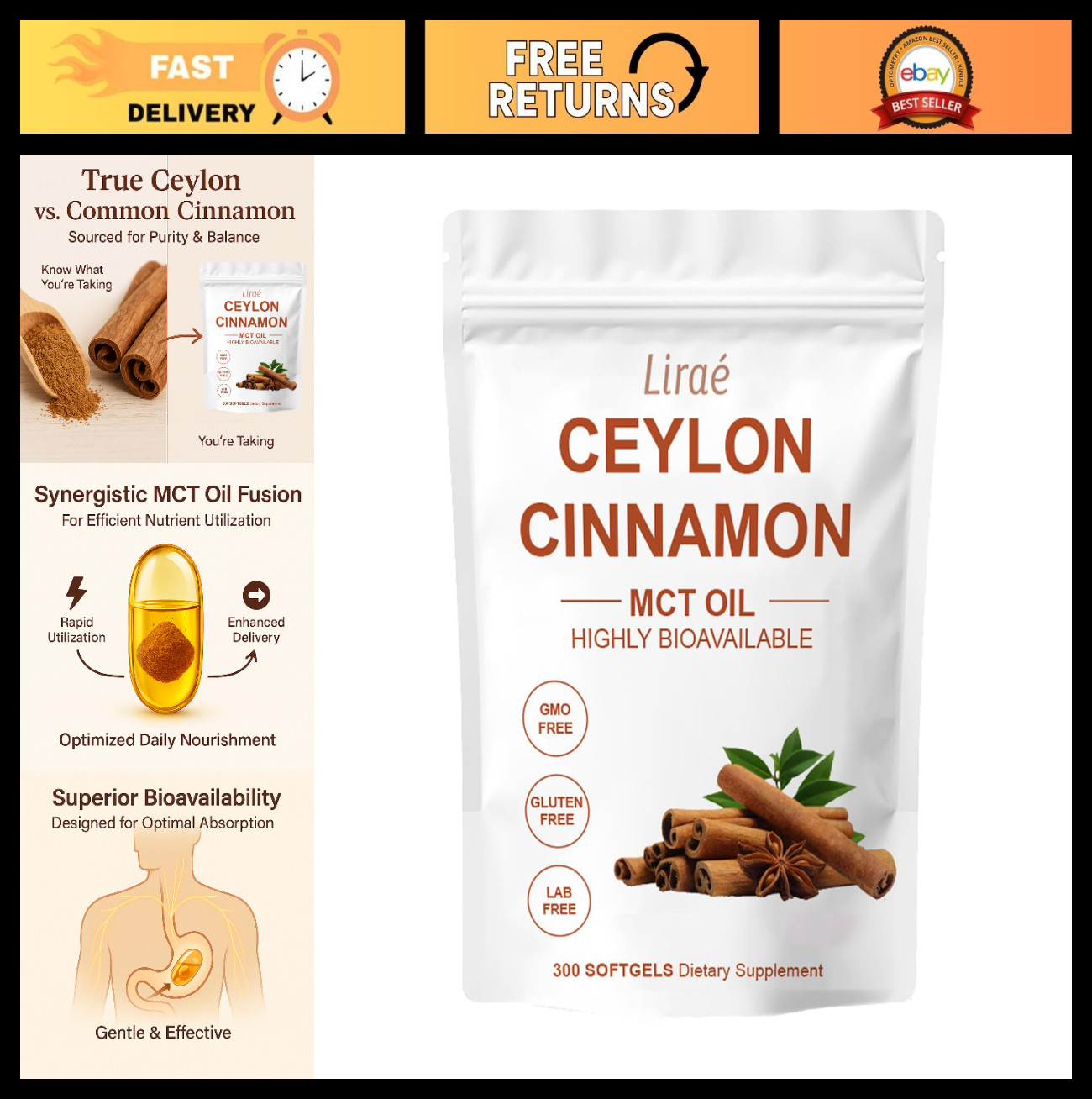 Ceylon Cinnamon 300 Softgels with MCT Oil, Non-GMO, Gluten-Free, Easy to Swallow