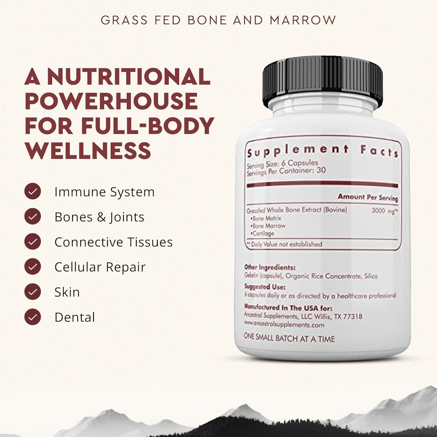 Ancestral Supplements Grass Fed Beef Bone and Marrow Supplement, 3000mg – 180 CT