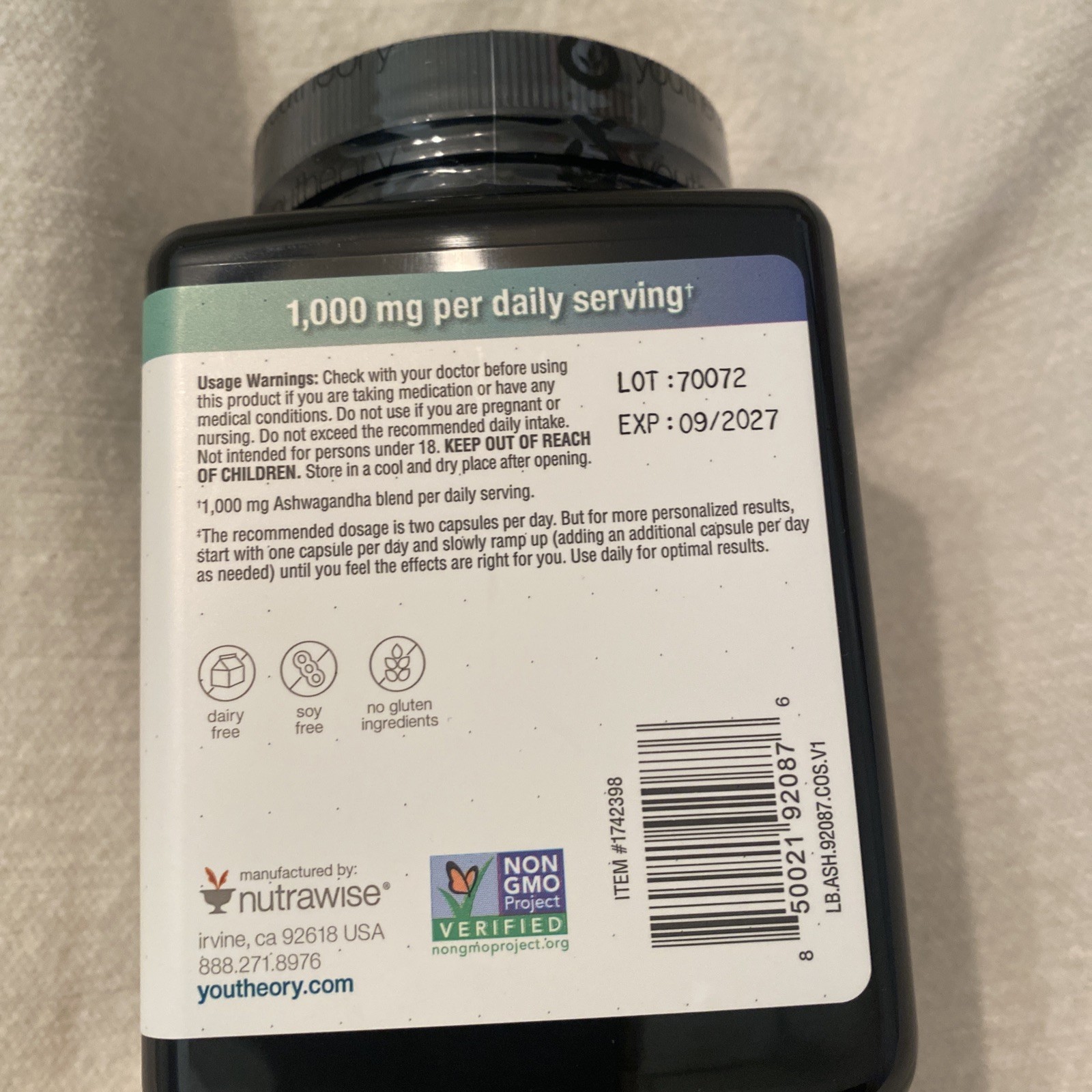 Youtheory Ashwagandha 1000 mg, 180 Vegetarian Capsules Exp.09/2027