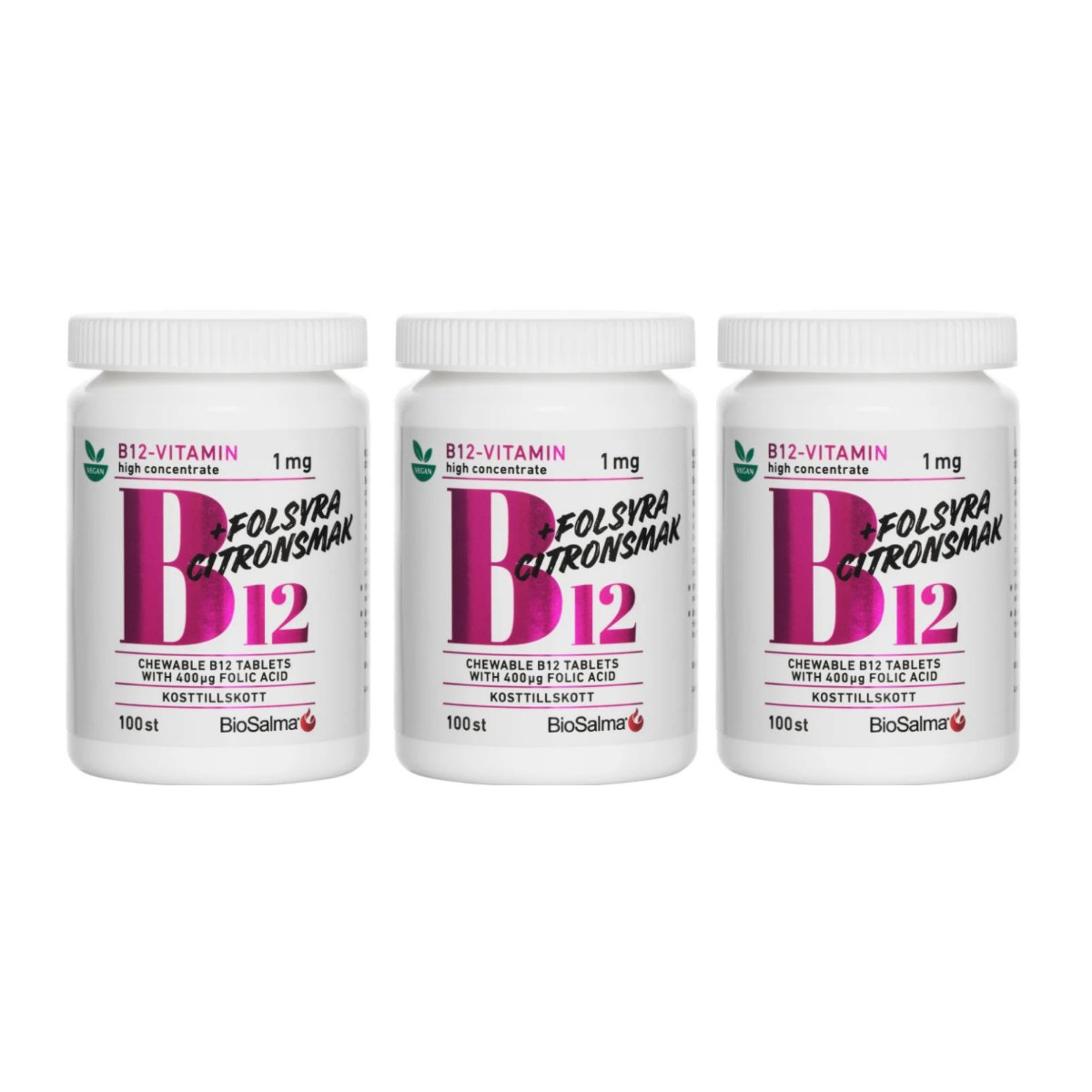 3-pack BioSalma Vitamin B12 1mg + Folic Acid 400µg 100 Chewable Tablets Lemon