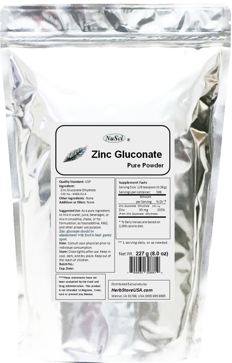 NuSci Pure Zinc Gluconate Powder 227g (8.0 oz) Immune System
