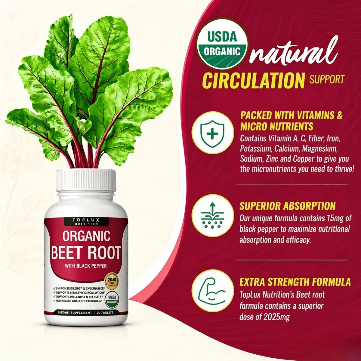 Toplux Organic Beet Root 2040mg – Nitric Oxide Support, Black Pepper, 90 Tablets