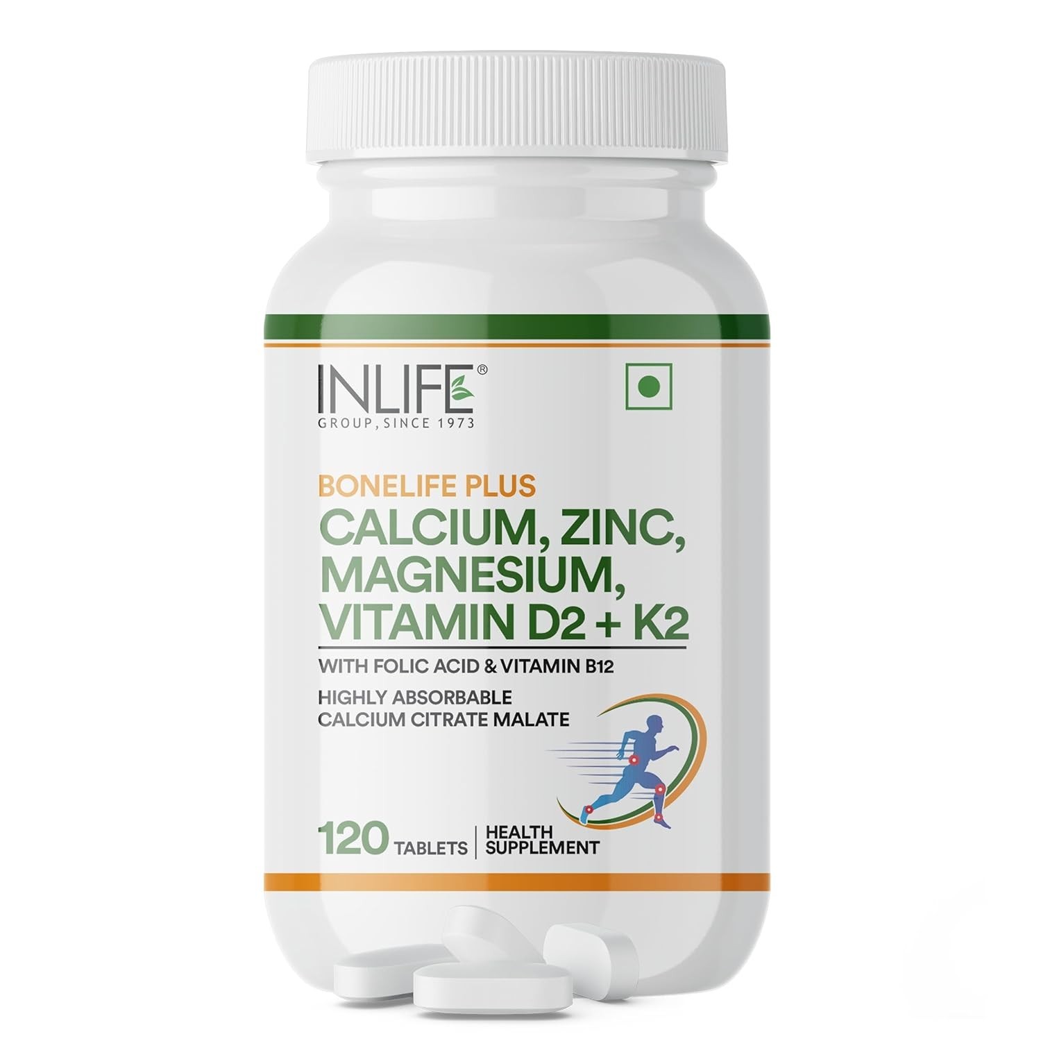 INLIFE Calcium Magnesium Zinc D2 B12 Supplement, Unisex, 120Tab