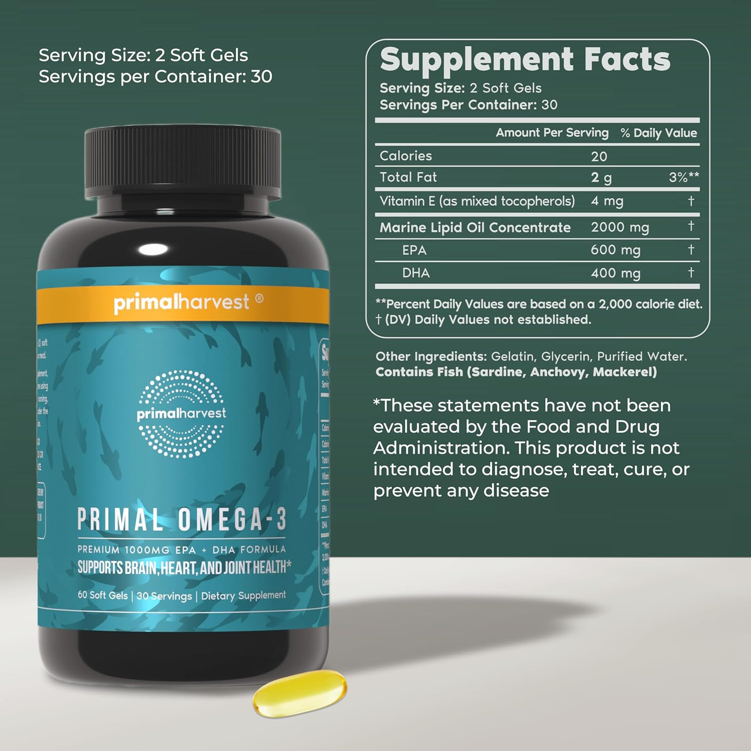 Primal Harvest Omega 3 Fish Oil 1000Mg EPA DHA Heart Health 30Ct