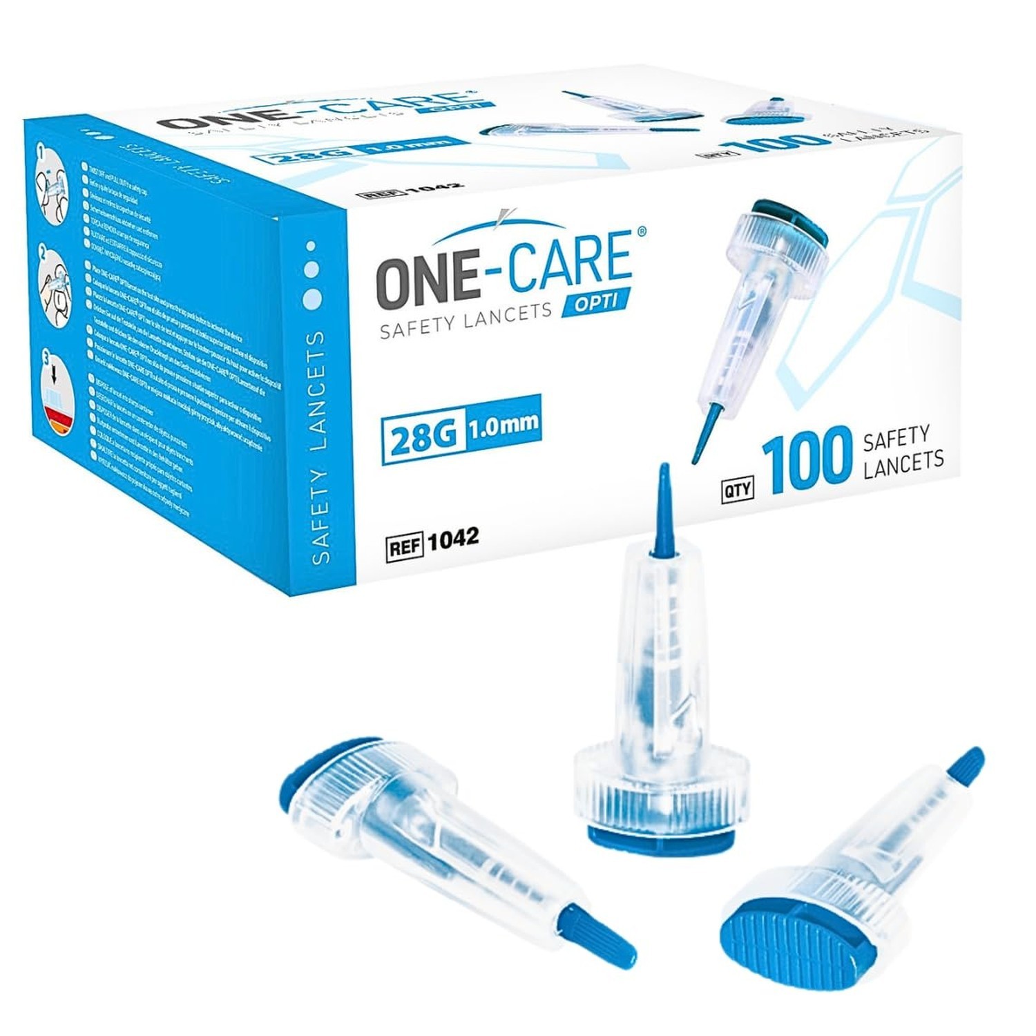 ONE-CARE OPTI Safety Lancets Top Button Activated 28G x 1.0mm, MiniFlow, Gent…