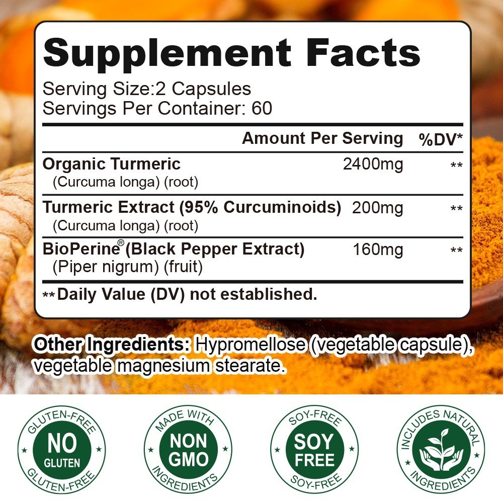 Turmeric Curcumin Highest Potency 95% 2600mg with BioPerine Black Pepper Extract
