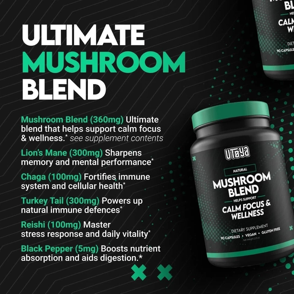 UTOYA Natural Mushroom Blend Supplements – Lions Mane Supplement Capsules wit…