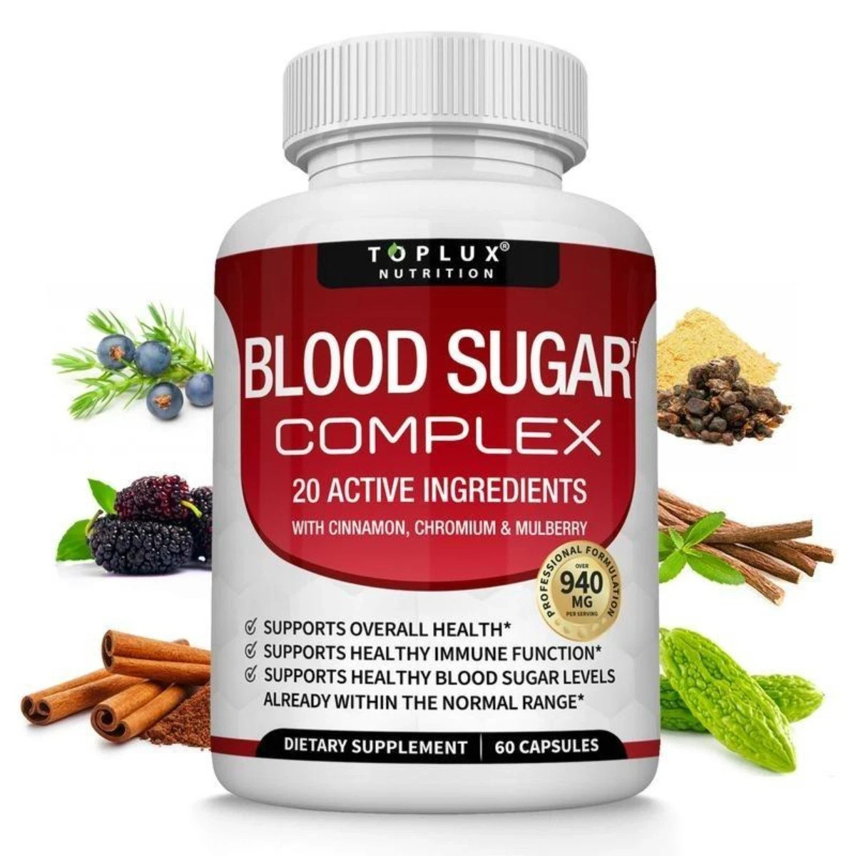 Blood Sugar Balance Blend,Toplux with 20 Herb & Vitamin Blend, Vegan, 60 Caps