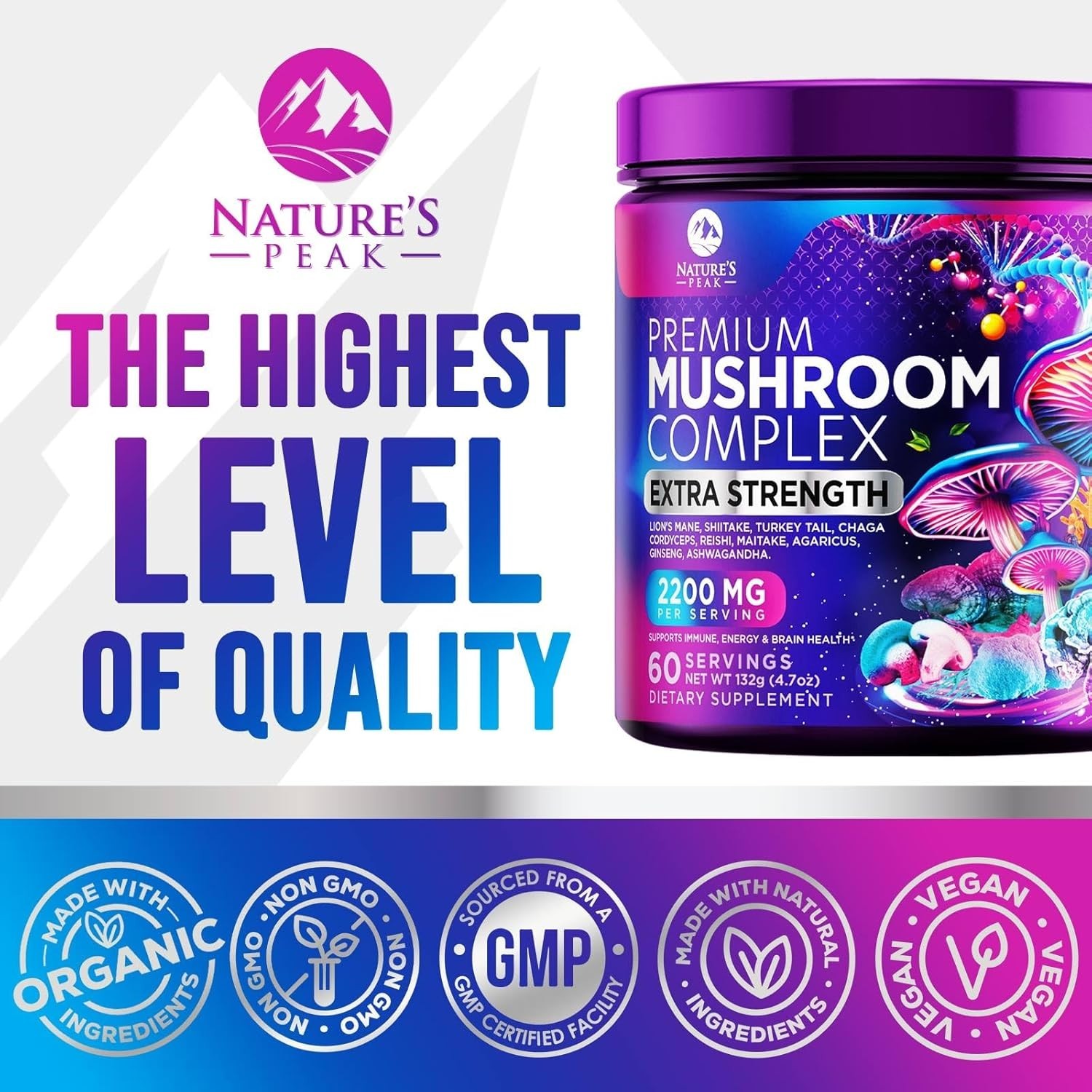 Mushroom Supplement Powder 2200mg – 11 in 1 Complex Formula Powder with Organic