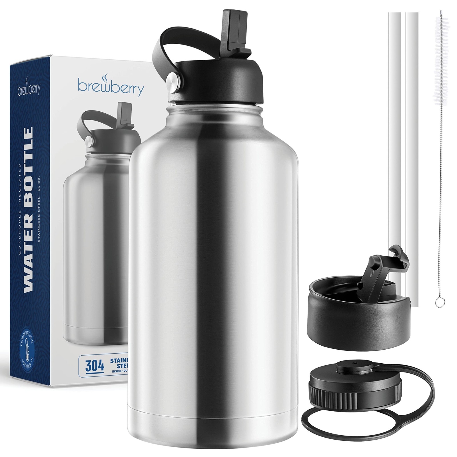 Brewberry 64 oz Insulated Water Bottle With Straw, 64 Ounces, Stainless Steel