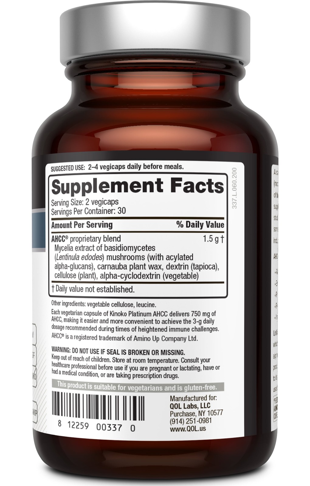 Quality of Life Labs Kinoko Platinum AHCC Herbal Supplement, 750mg, Immune