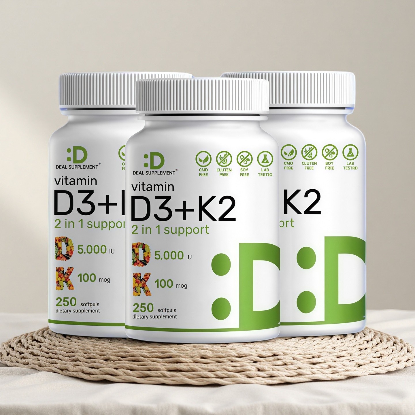 3 package DEAL SUPPLEMENT Vitamin D3 K2 5000IU Softgel, 2-1 Complex, 250 Count