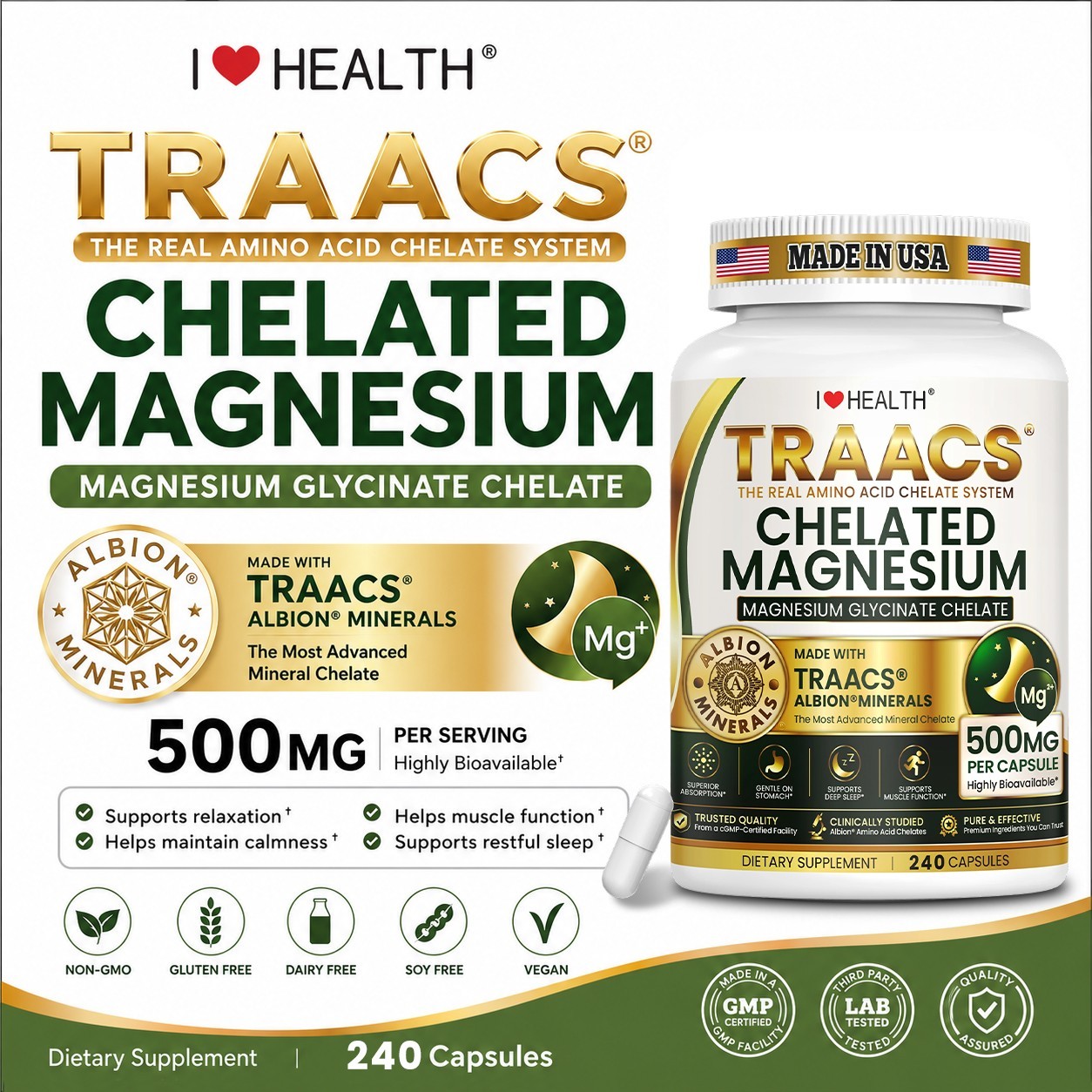 Albion TRAACS Magnesium Glycinate 500mg 240 Caps Restful Sleep