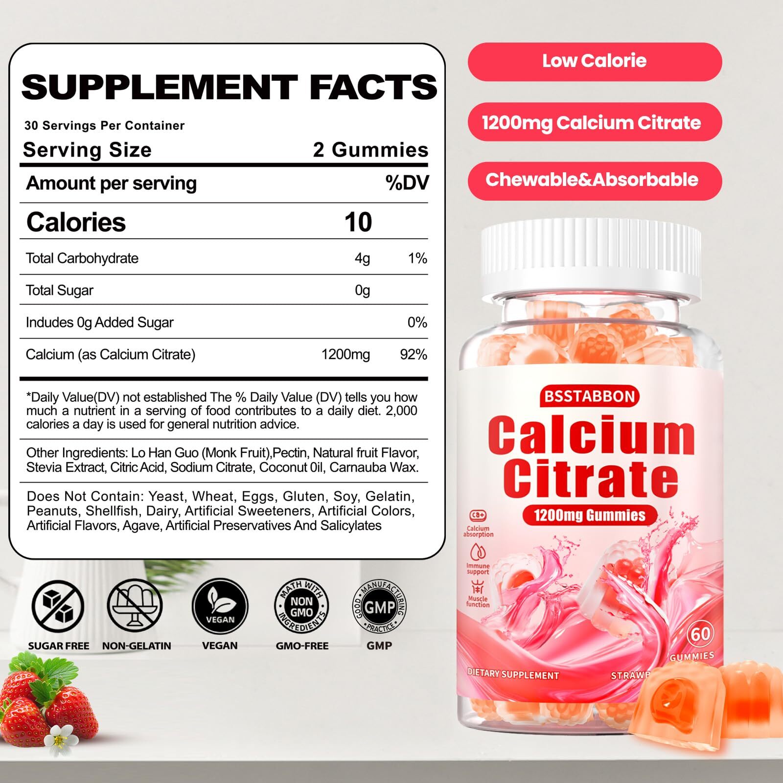 Calcium Citrate Supplement Gummies for Adult Women & Men Sugar Free 1200 Mg C…