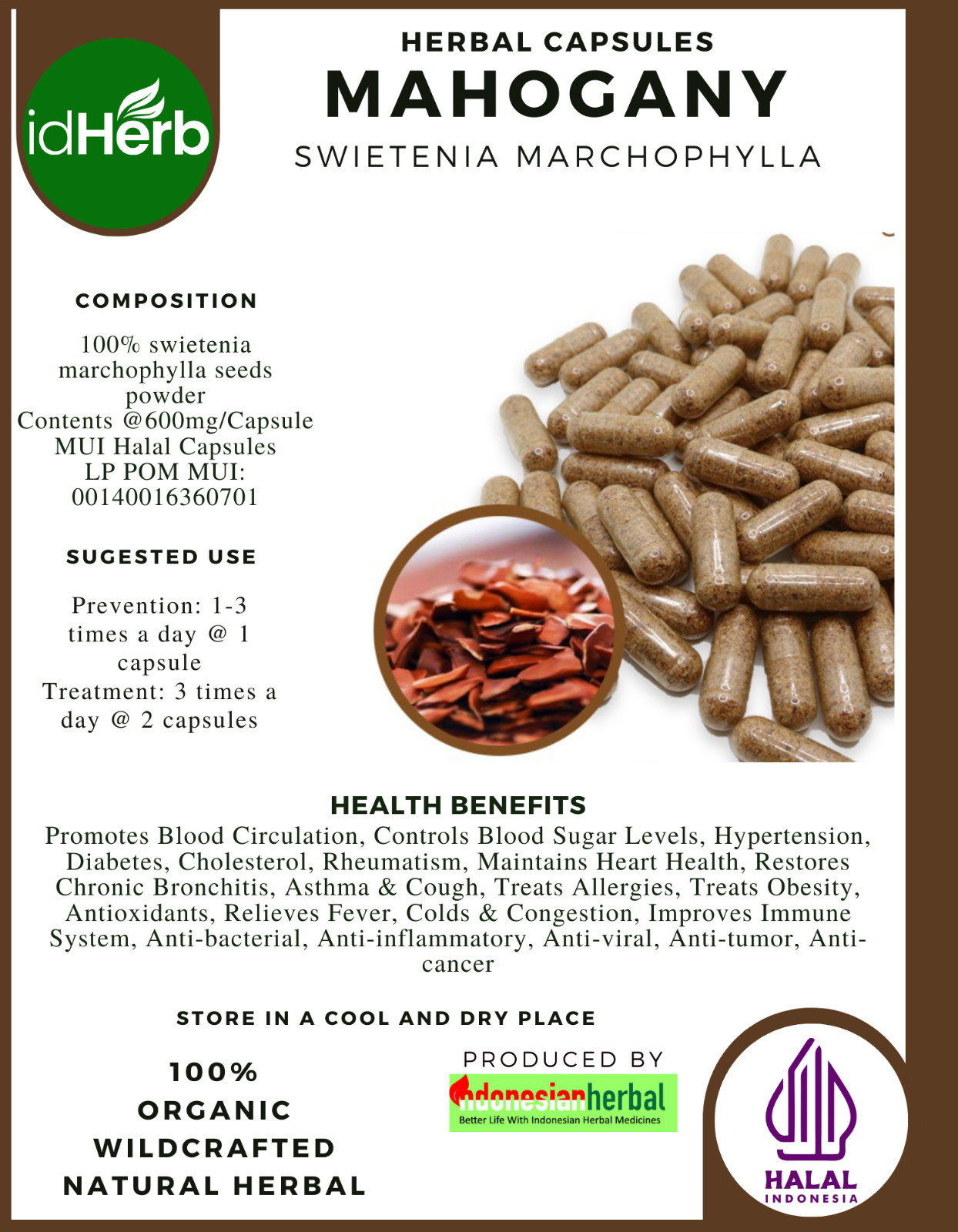 [idHerb] 100-800 Capsules Mahogany Swietenia Marchophylla Organic WildCrafted