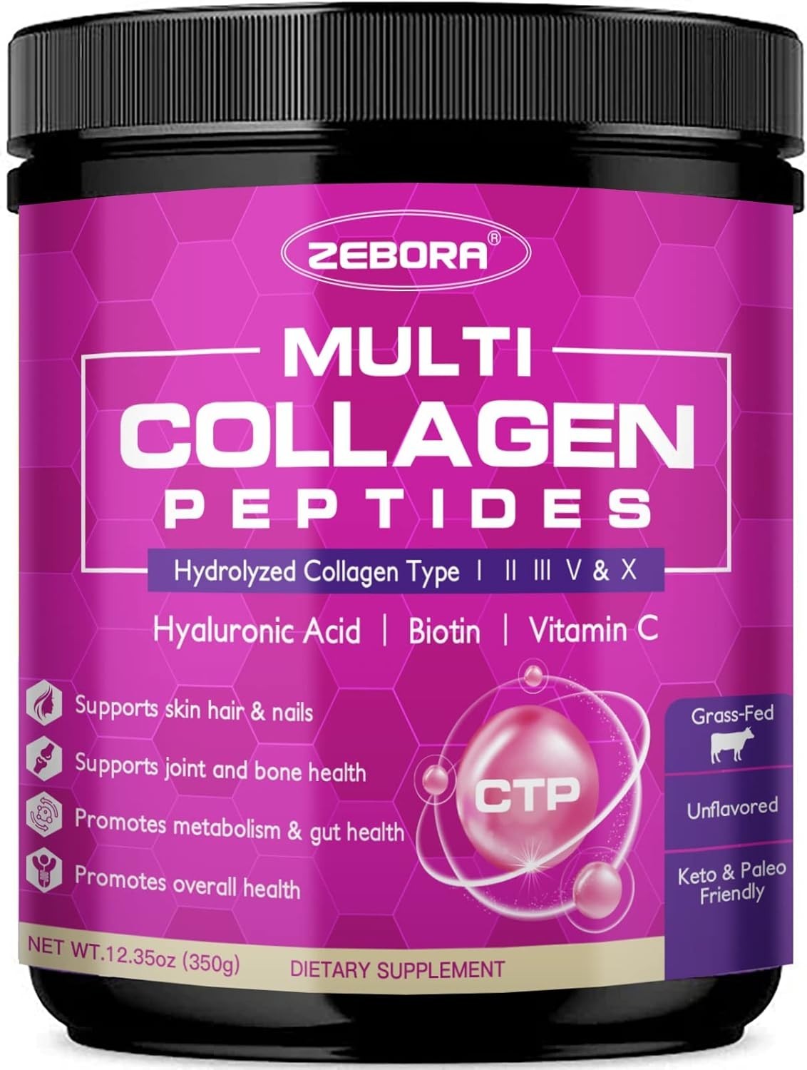 ZEBORA Multi Collagen Peptides Powder 12.35oz Hydrolyzed Exp 04/2027