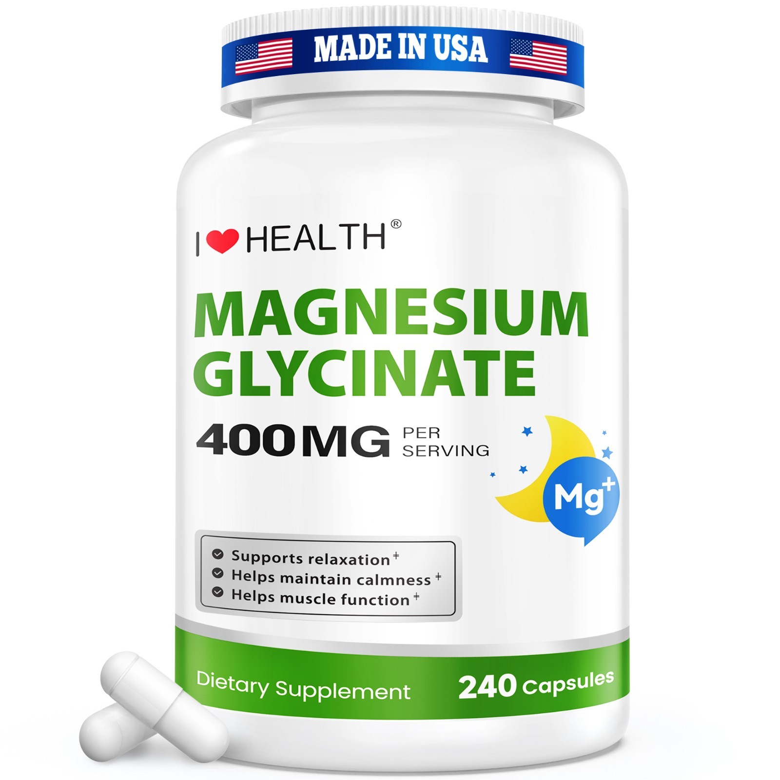 Magnesium Glycinate 400mg 240 Capsules for Muscle Cramps & Relaxation USA