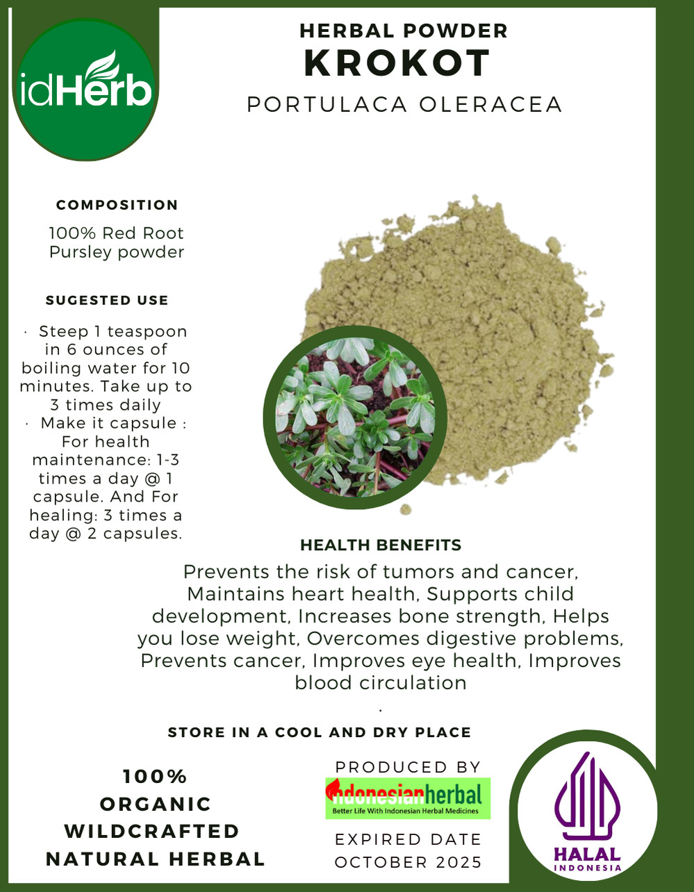 [idHerb] 50-500 gram Powder Common Purslane Portulaca Oleracea WildCrafted