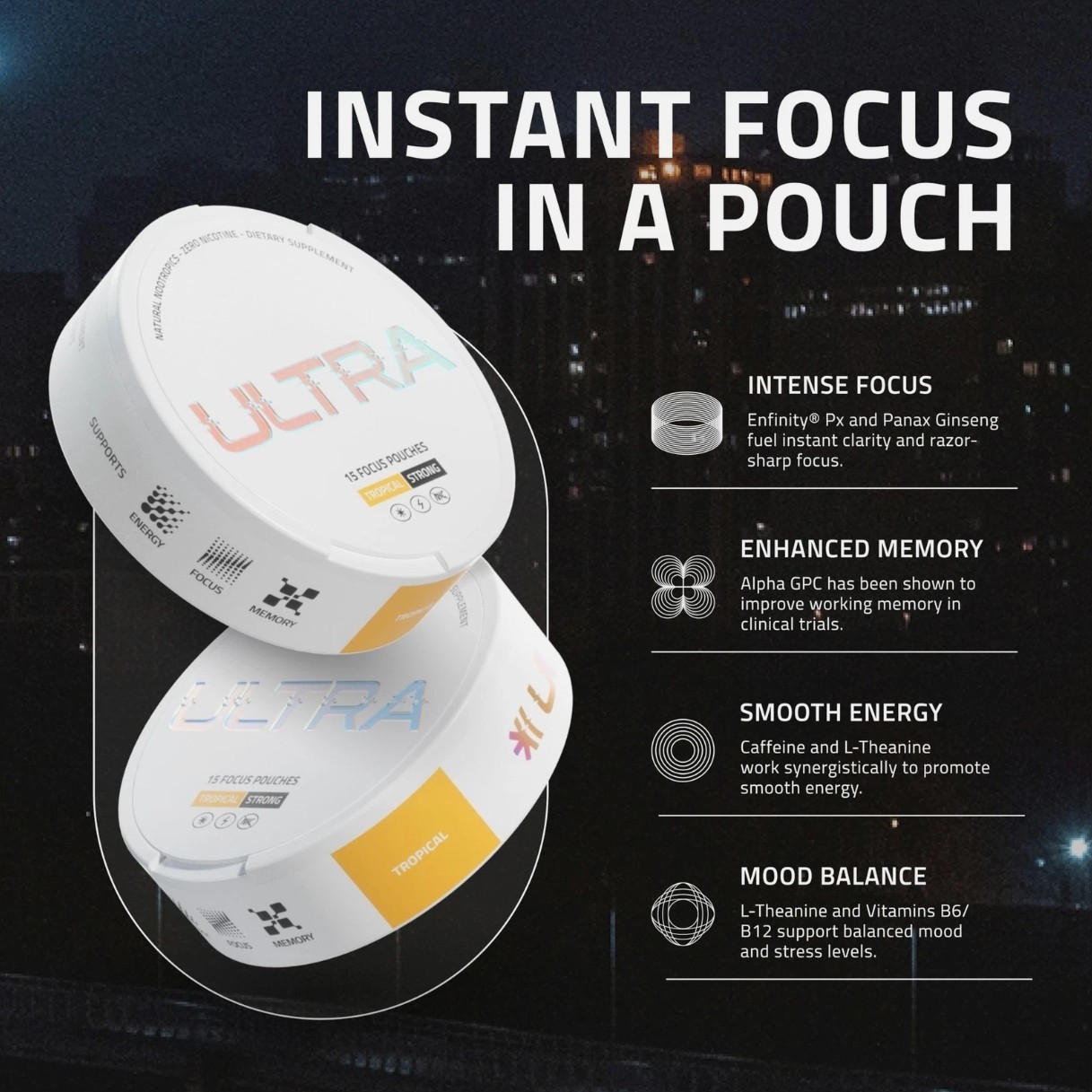 Ultra Focus Pouches Tropical Pack, 3, 6, or 9 Cans Nicotine-Free, Caffeine-Free