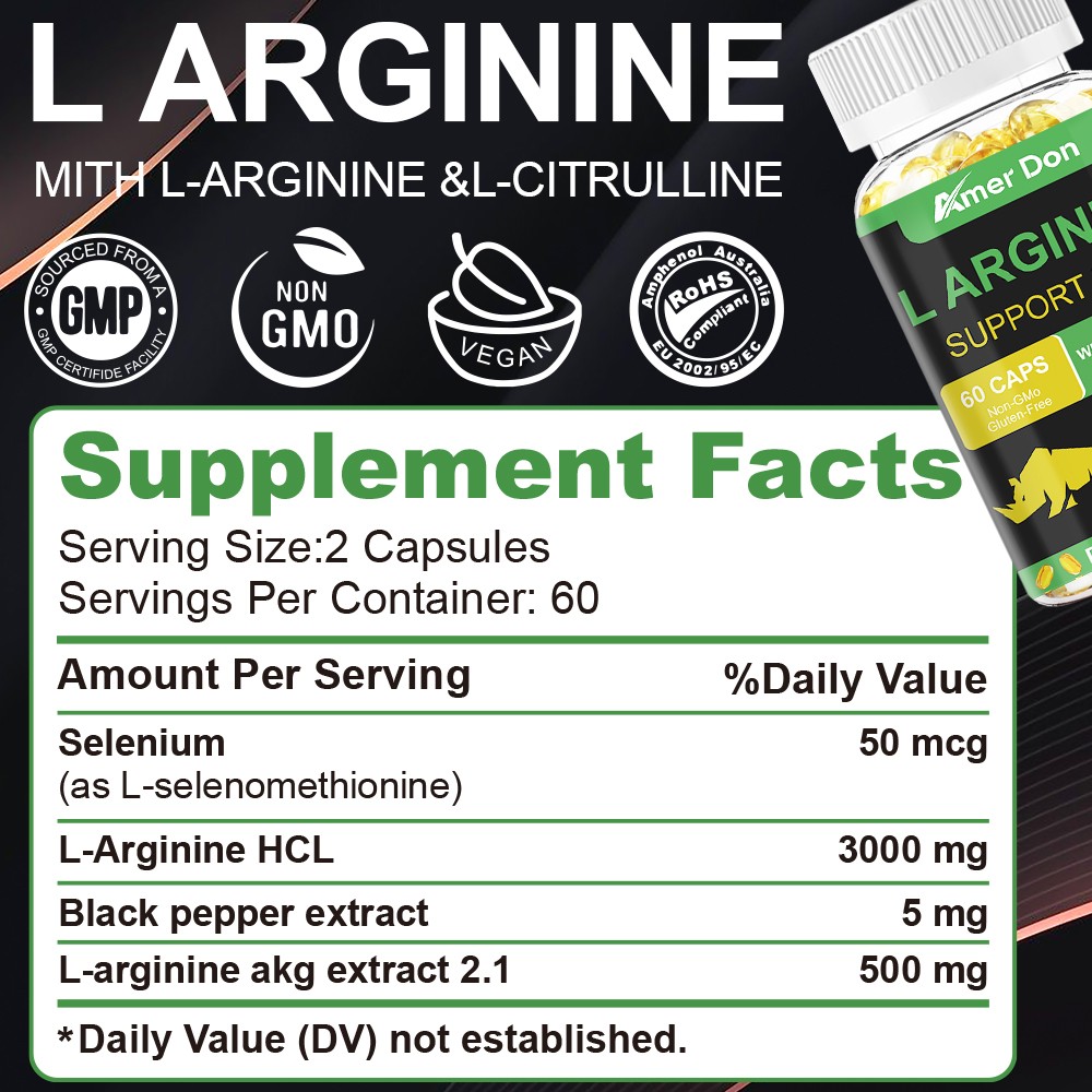 L-Arginine 60 Nitric Oxide,Testosterone Booster,Energy Support Capsules 3000 mg