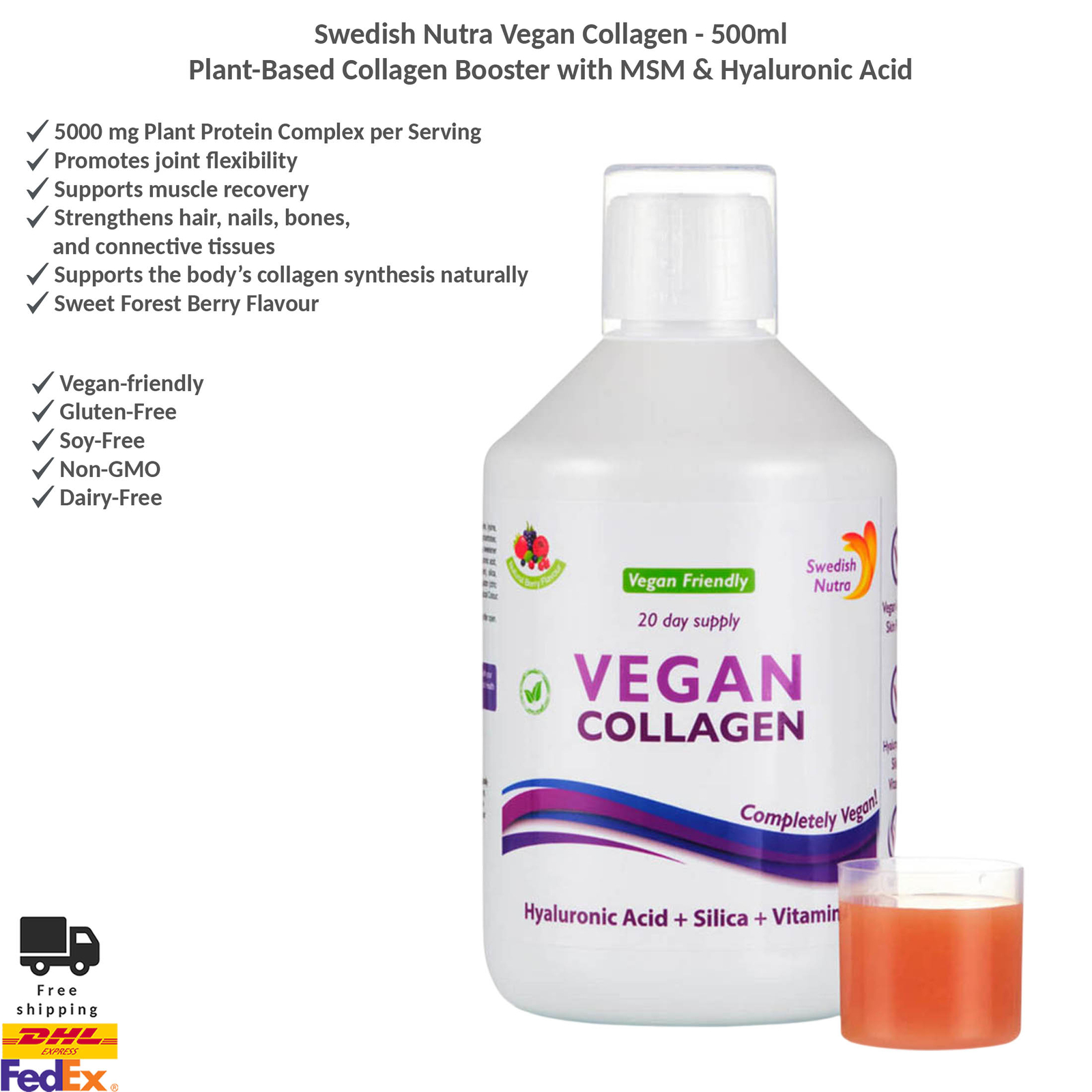 Swedish Nutra Vegan Collagen Booster with Vitamins, MSM & Hyaluronic Acid 500ml