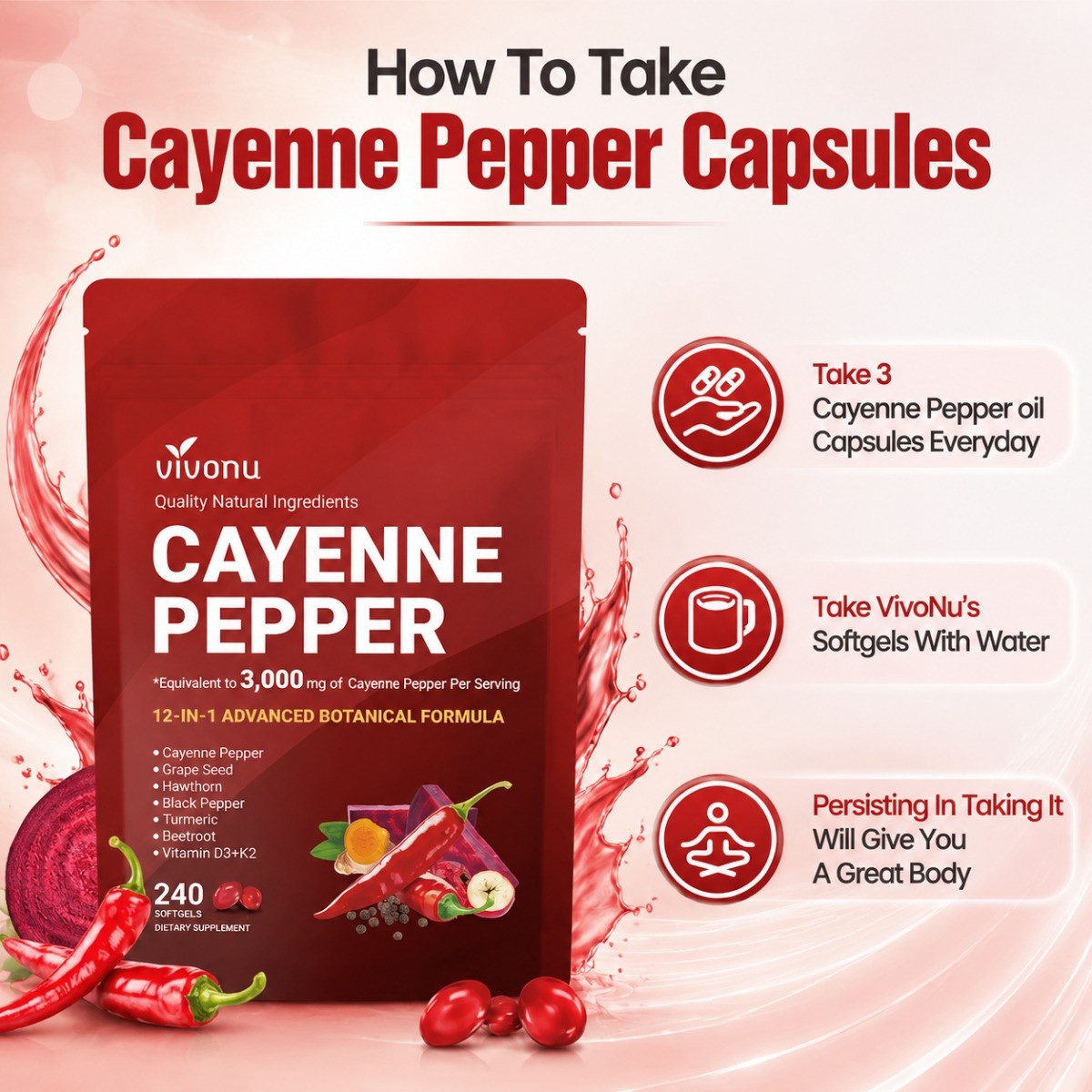 Vivonu Cayenne Pepper Softgels Heart & Vascular Wellness Supplement 240 Softgels
