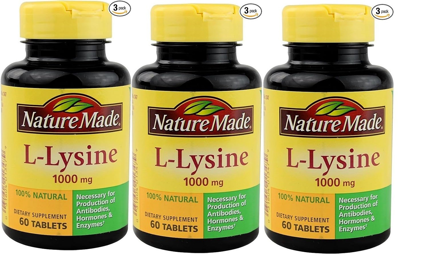 Nature Made Extra Strength L-Lysine 1000 mg Tablets, 60 Count (pack of 3)