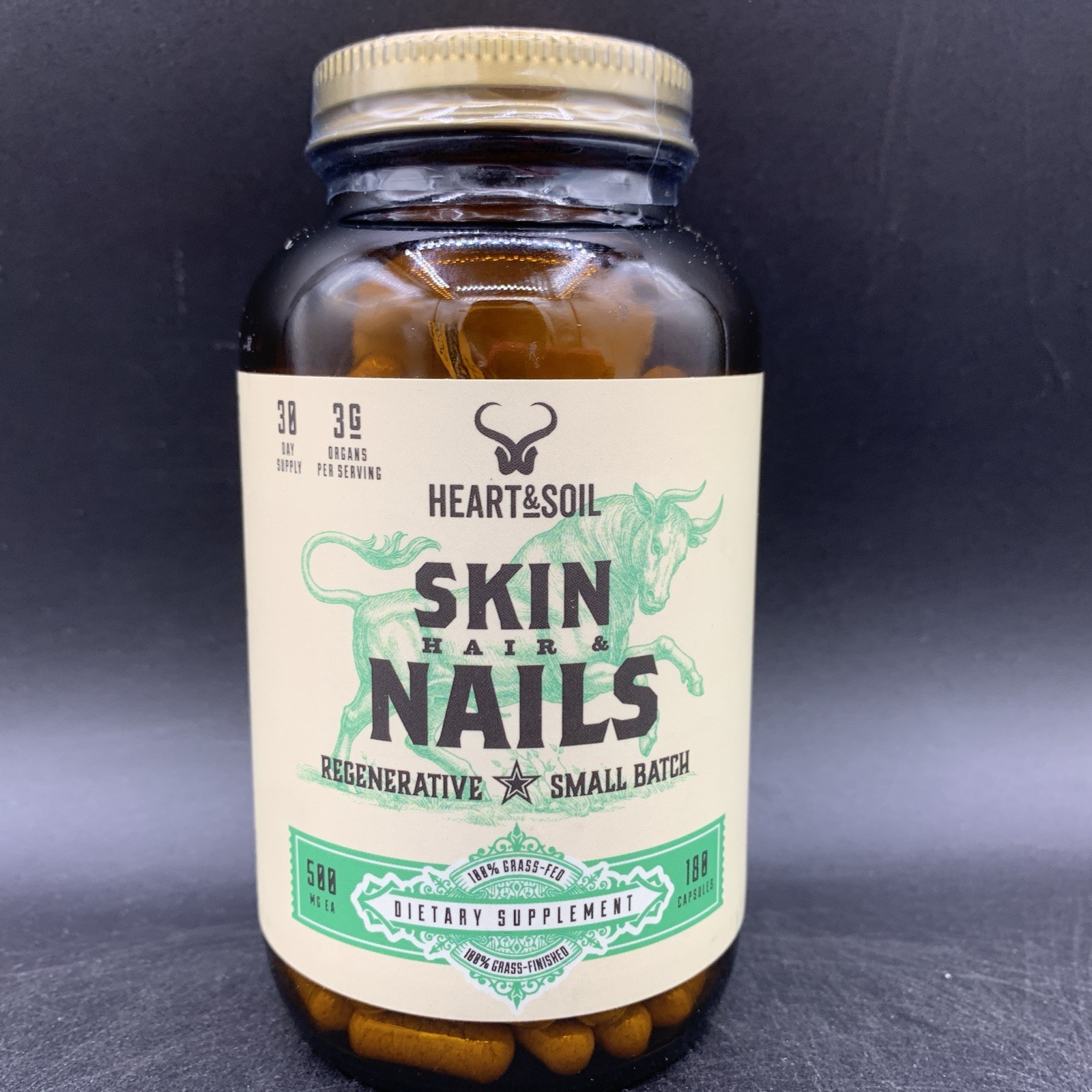Heart & Soil Hair Skin Nails Supplement 3000mg Beef Organs 180 Caps EXP 11/2028