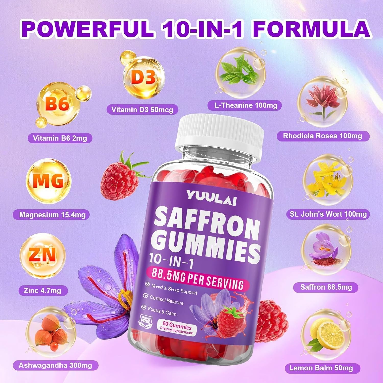 Gummy Saffron Supplements for All Ages – 10-in-1 Health Blend, Raspberry Flavor