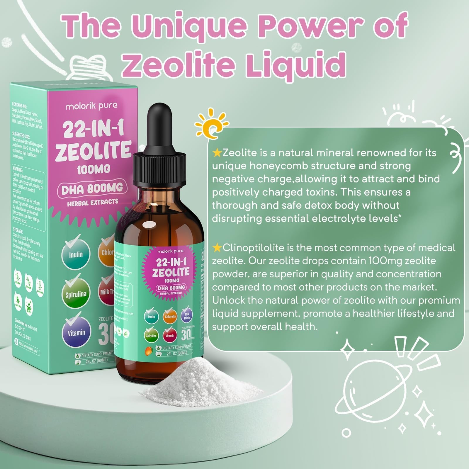 Zeolite Detox for Kids and Adults, Herbal Detox with 800mg DHA, 500mg Inulin,…