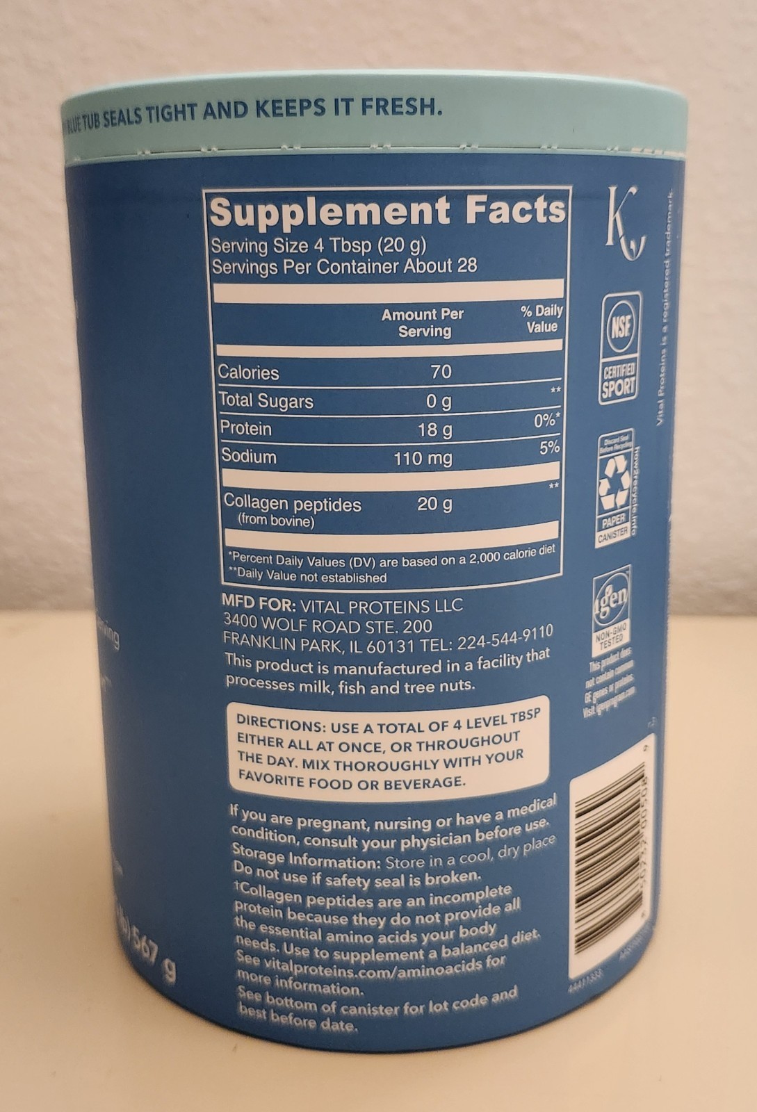 Vital Proteins Collagen Peptides 20g Unflavored Skin Joint Health Exp. 06/2029