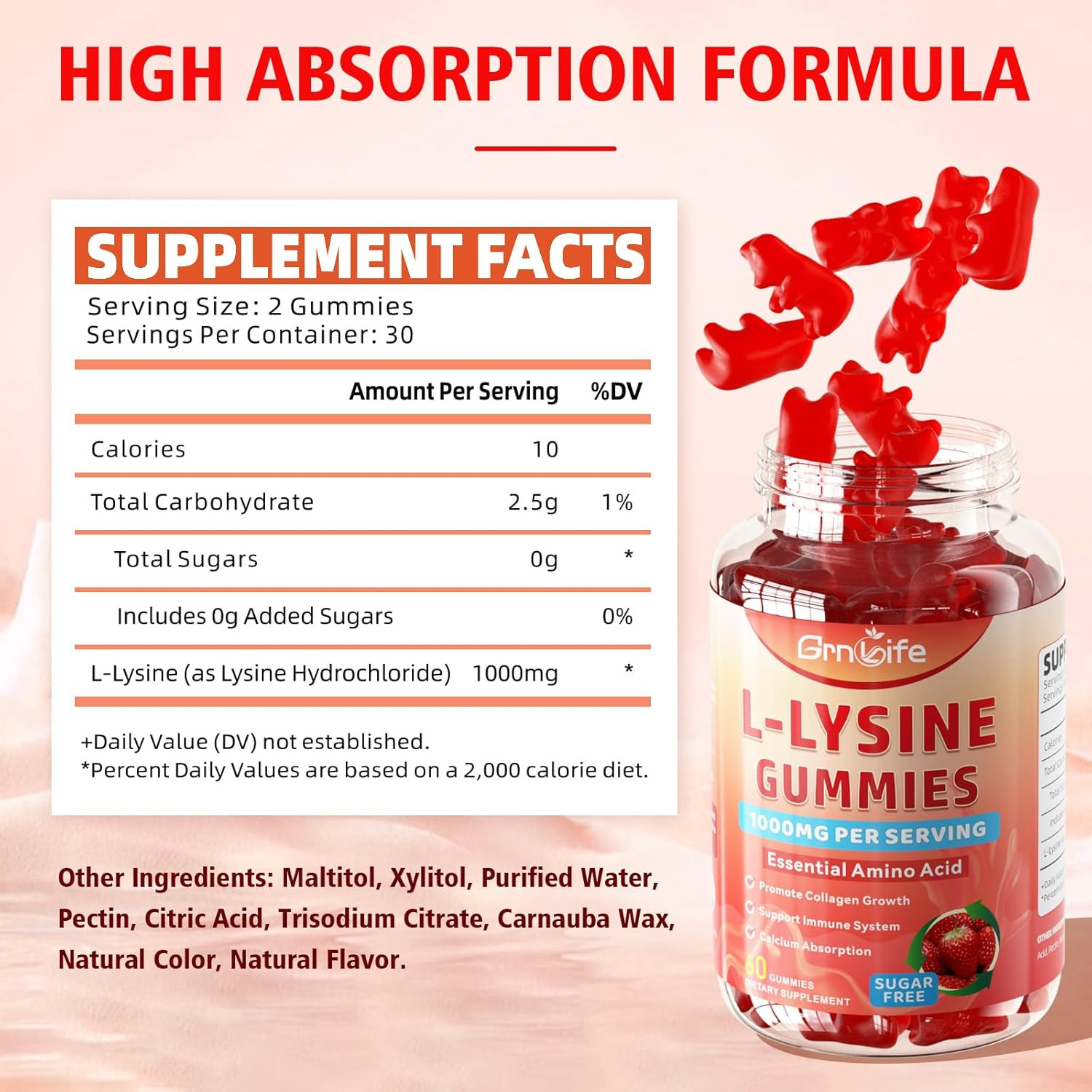 L-Lysine 1000mg Gummies Immune Support Strawberry 120 Count
