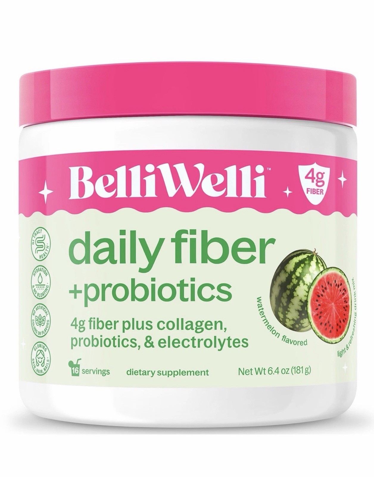 BelliWelli Daily Fiber – Watermelon, Probiotics, Collagen, 6.4 oz