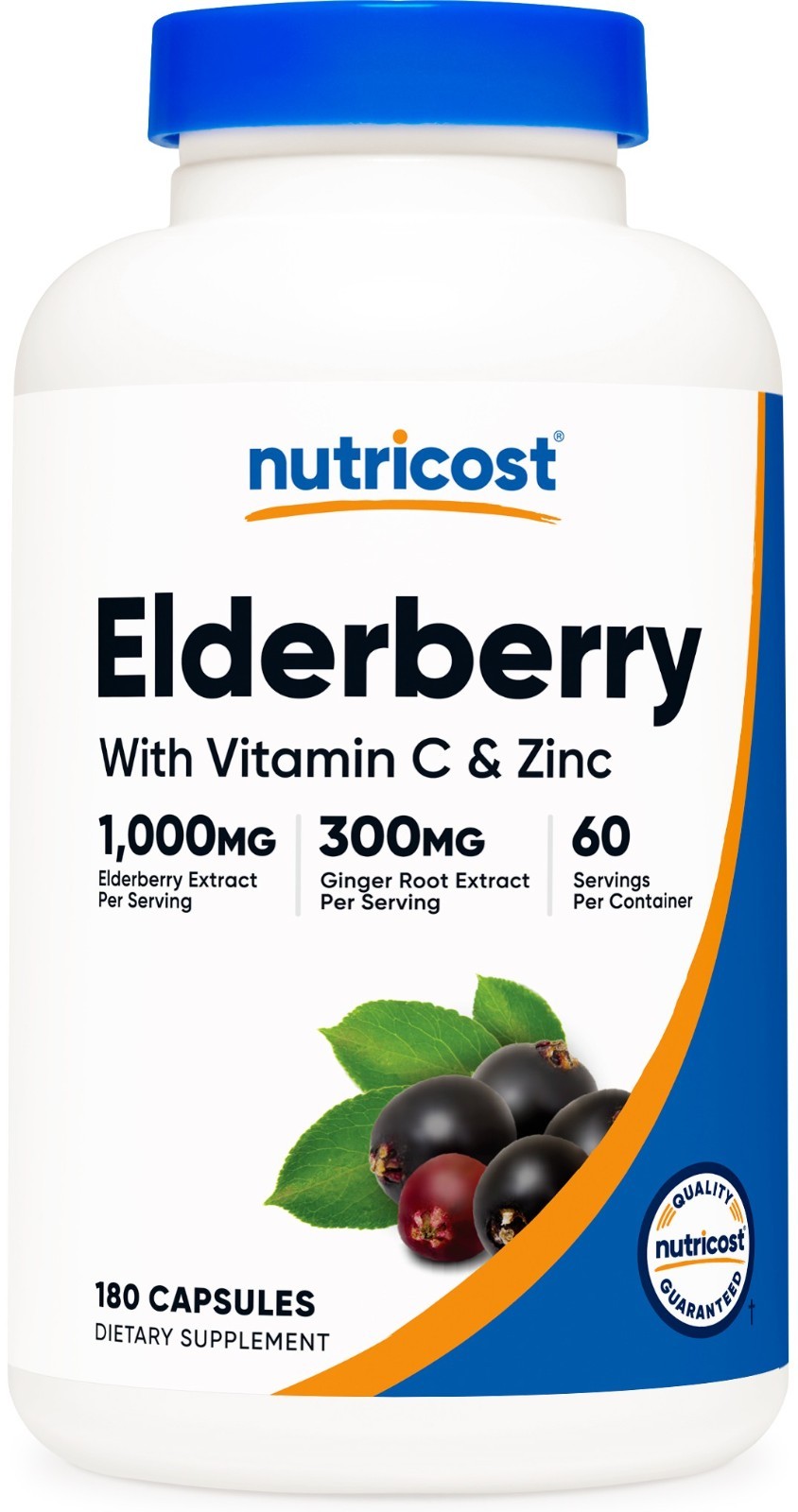 Nutricost Elderberry + Ginger with Vitamins C & D and Zinc — 180 Capsules