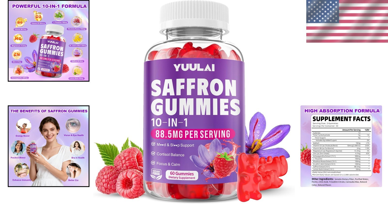Gummy Saffron Supplements for All Ages – 10-in-1 Health Blend, Raspberry Flavor