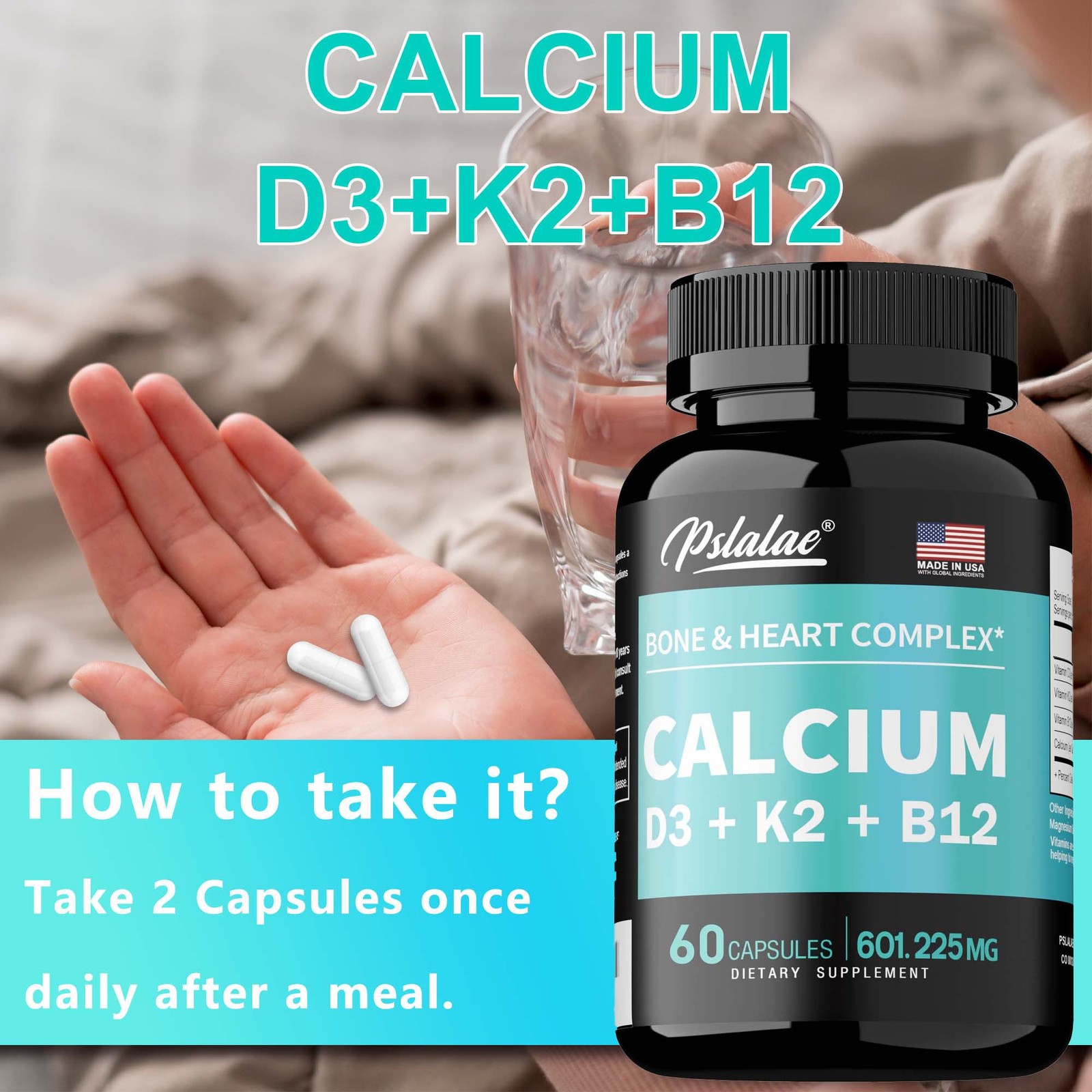 Calcium 60pcs – Strong Bones, Joint Health, Immune Support-w/Vitamin D3, K2, B12