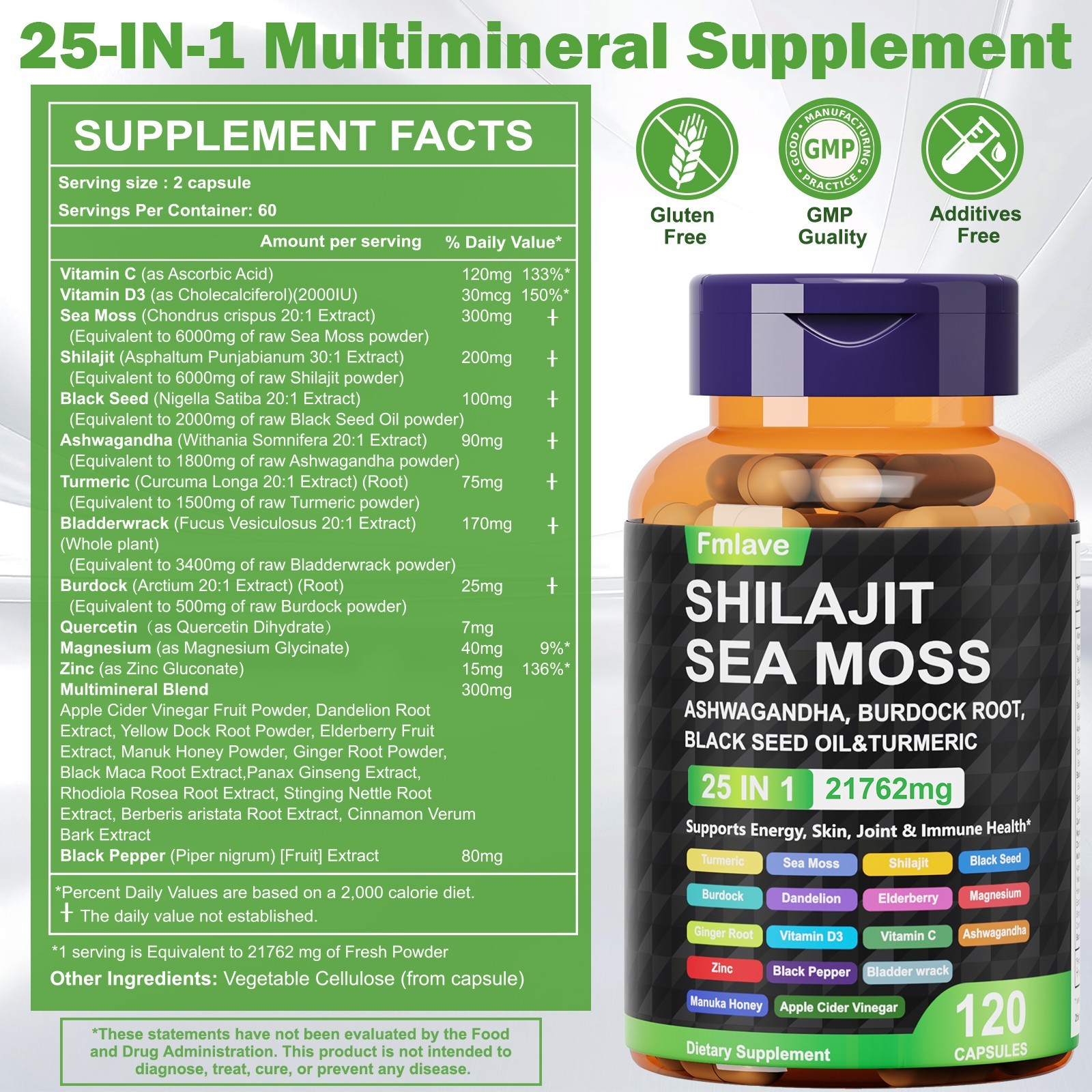 120 Pills Organic Irish Sea Moss 21762MG with Burdock Root Bladderwrack Shilajit