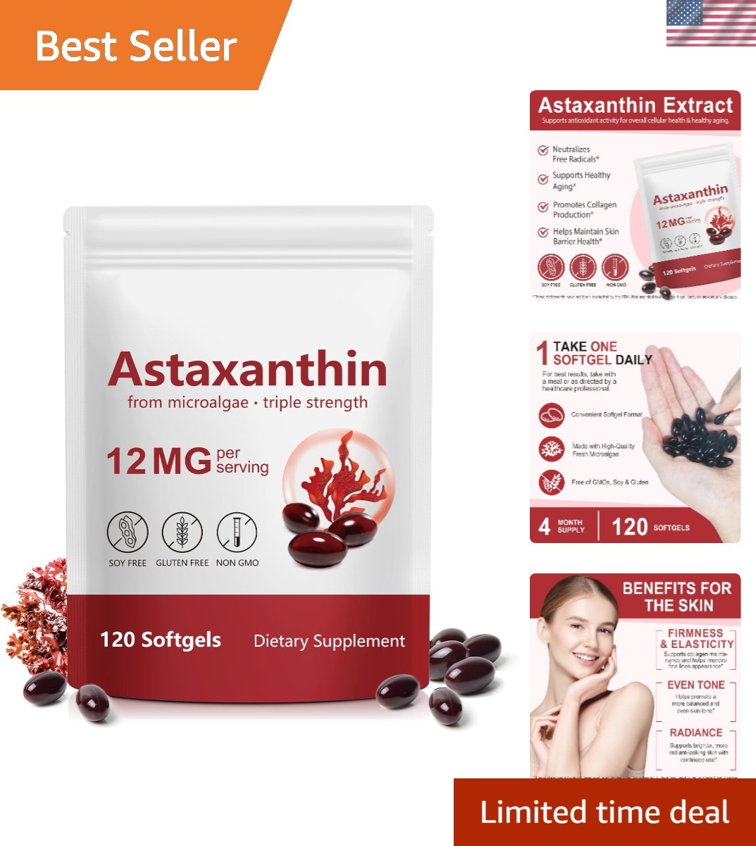 High-Potency Astaxanthin 12mg Capsules – 120 Count for Complete Health Support