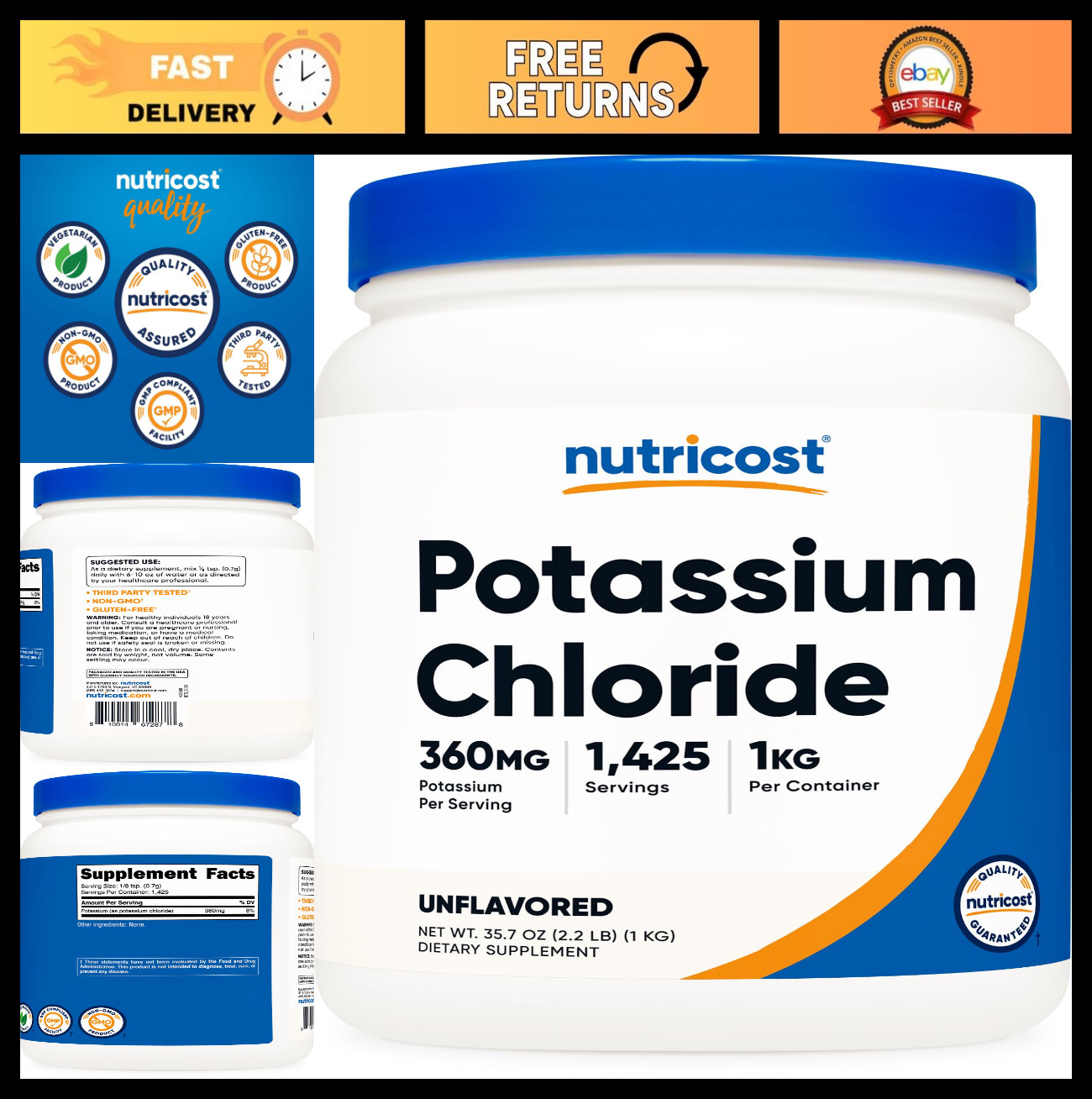 Potassium Chloride Powder 1kg – Gluten Free, Non-GMO, Electrolyte Supplement