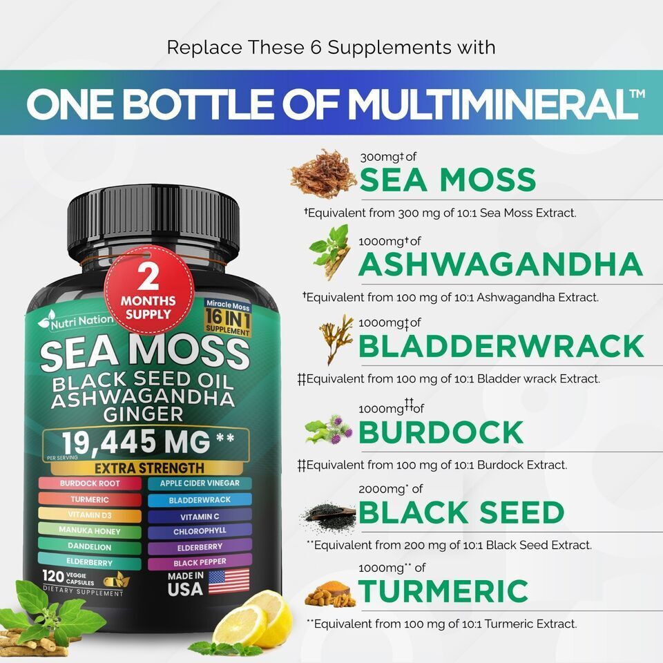 Sea Moss, Black Seed Oil, Ashwagandha, Turmeric, Ginger (16 in 1) 3 Bottle sale