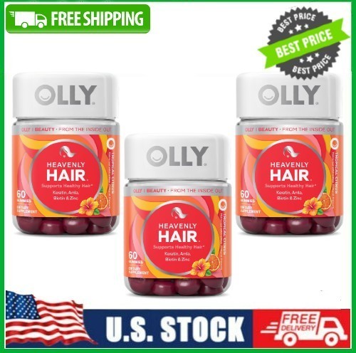 3 Pack OLLY Heavenly Hair Gummy Supplement, Tropical Citrus Flavored, 60 Ct Pk