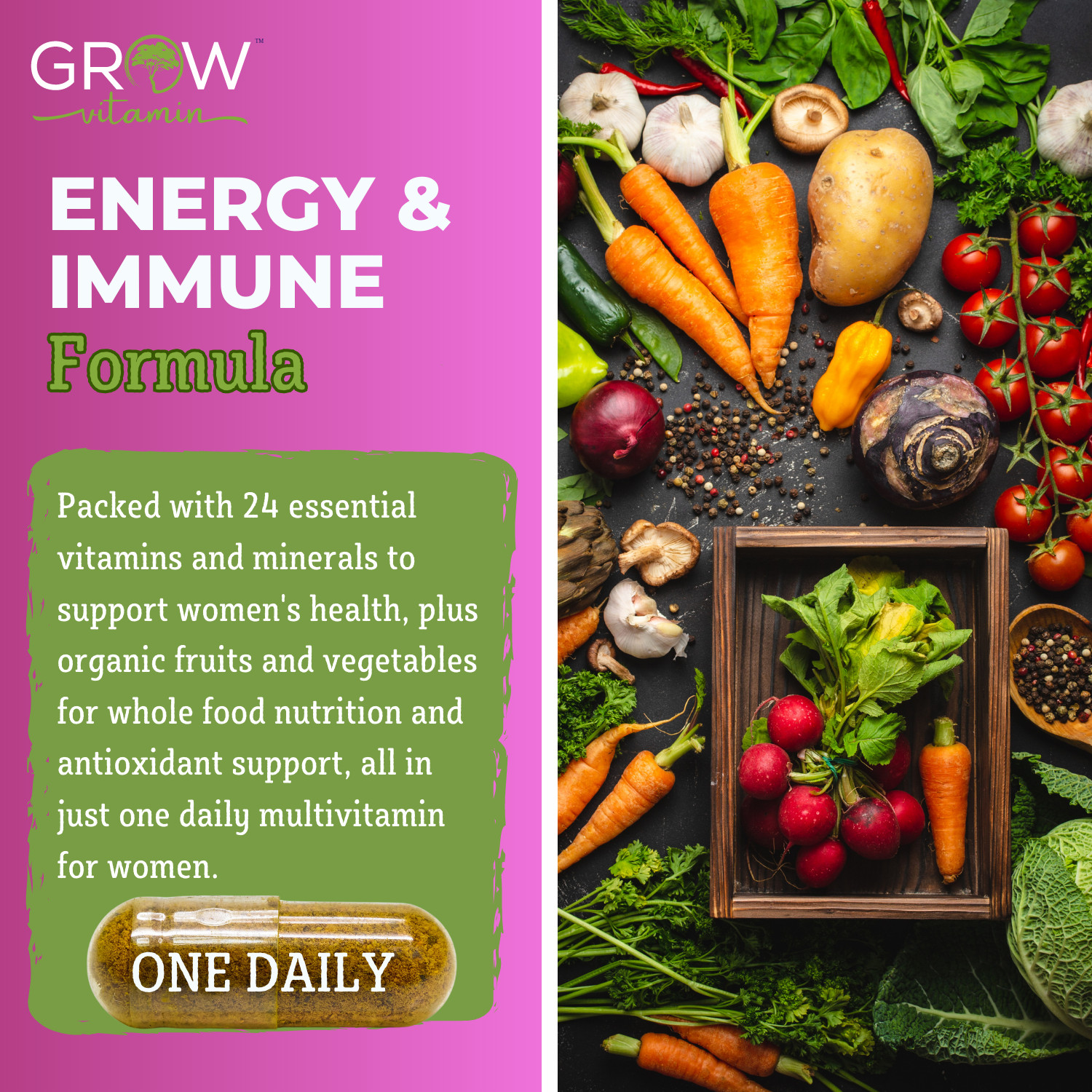 Grow Vitamin One Daily Multivitamin for Women , Organic Whole Foods – 60 Days
