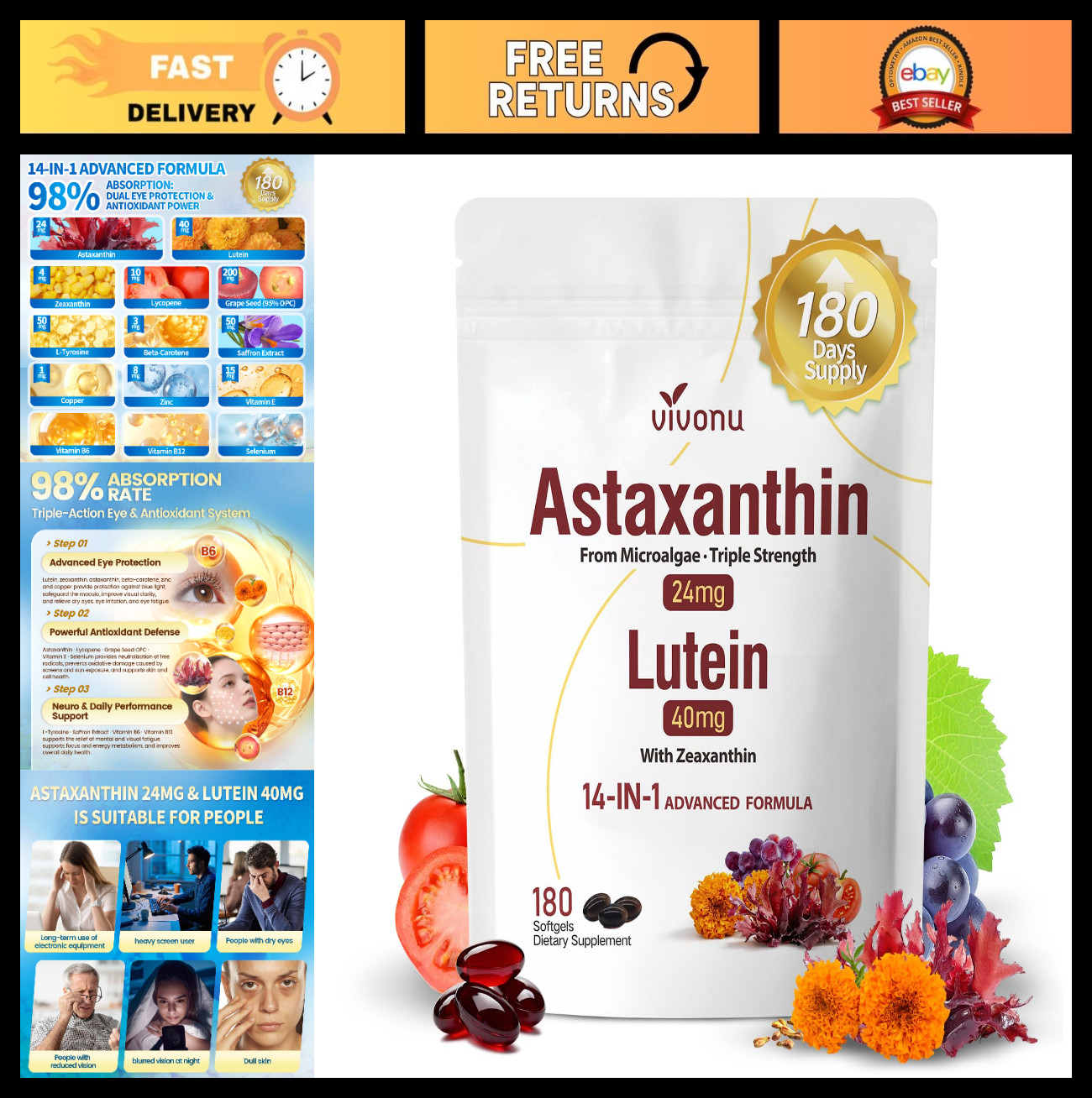 14-in-1 Astaxanthin 24mg & Lutein 40mg Supplements, 180 Softgels, Eye & Skin Sup